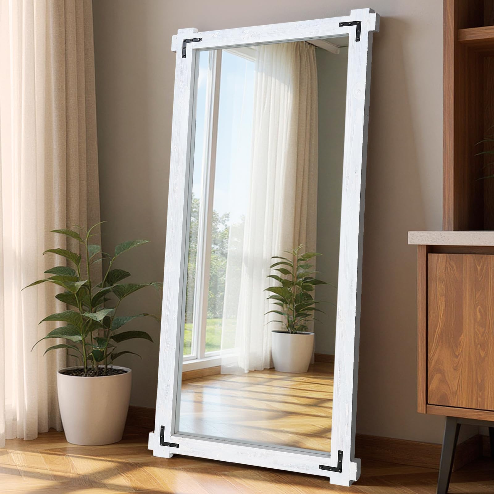 71x32 Inch Full Length Mirror, Pine Frame Full Body Standing Mirror with Metal Decorative, White