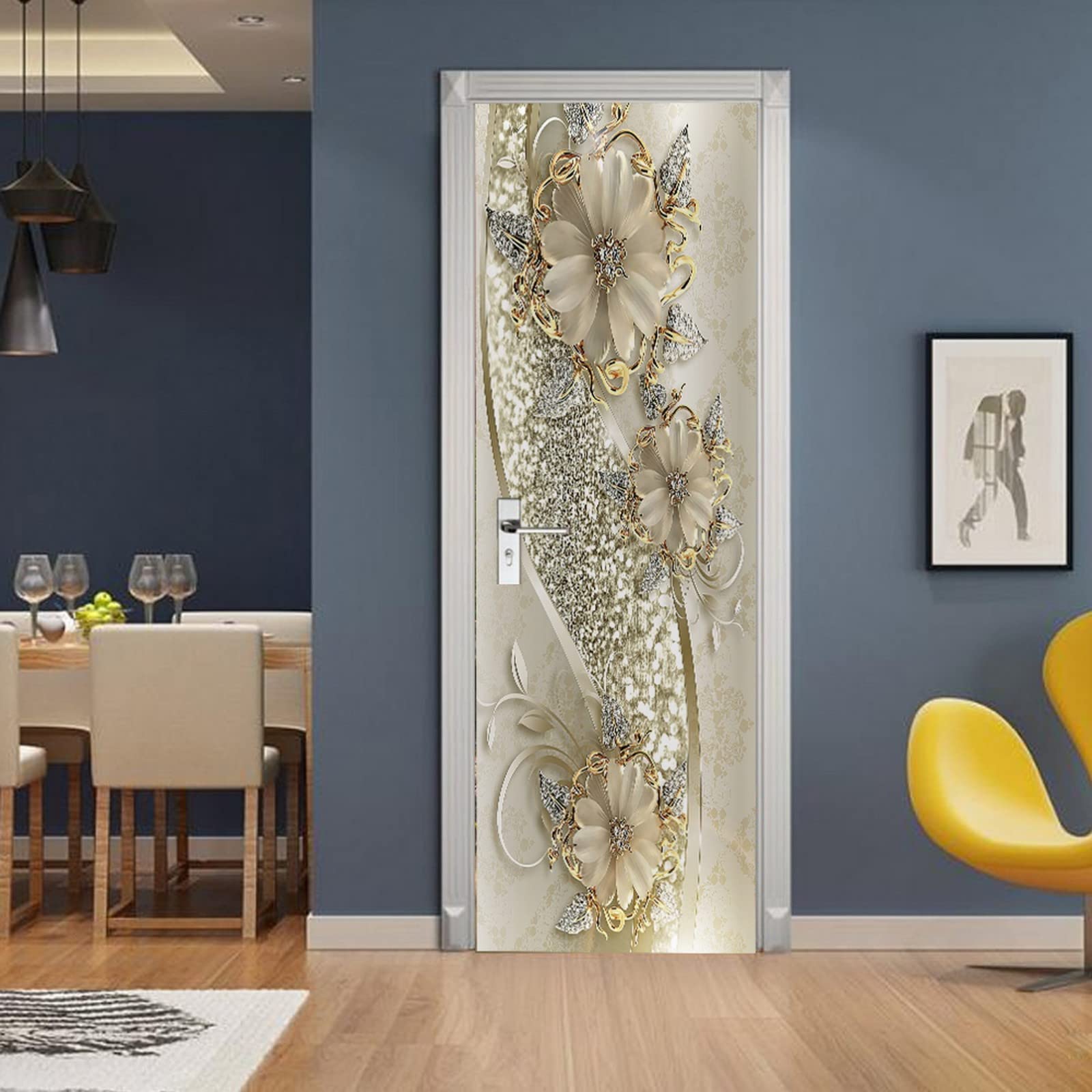 Sticker porte 3D fleurs dorées papier peint poster mural 77x200 cm