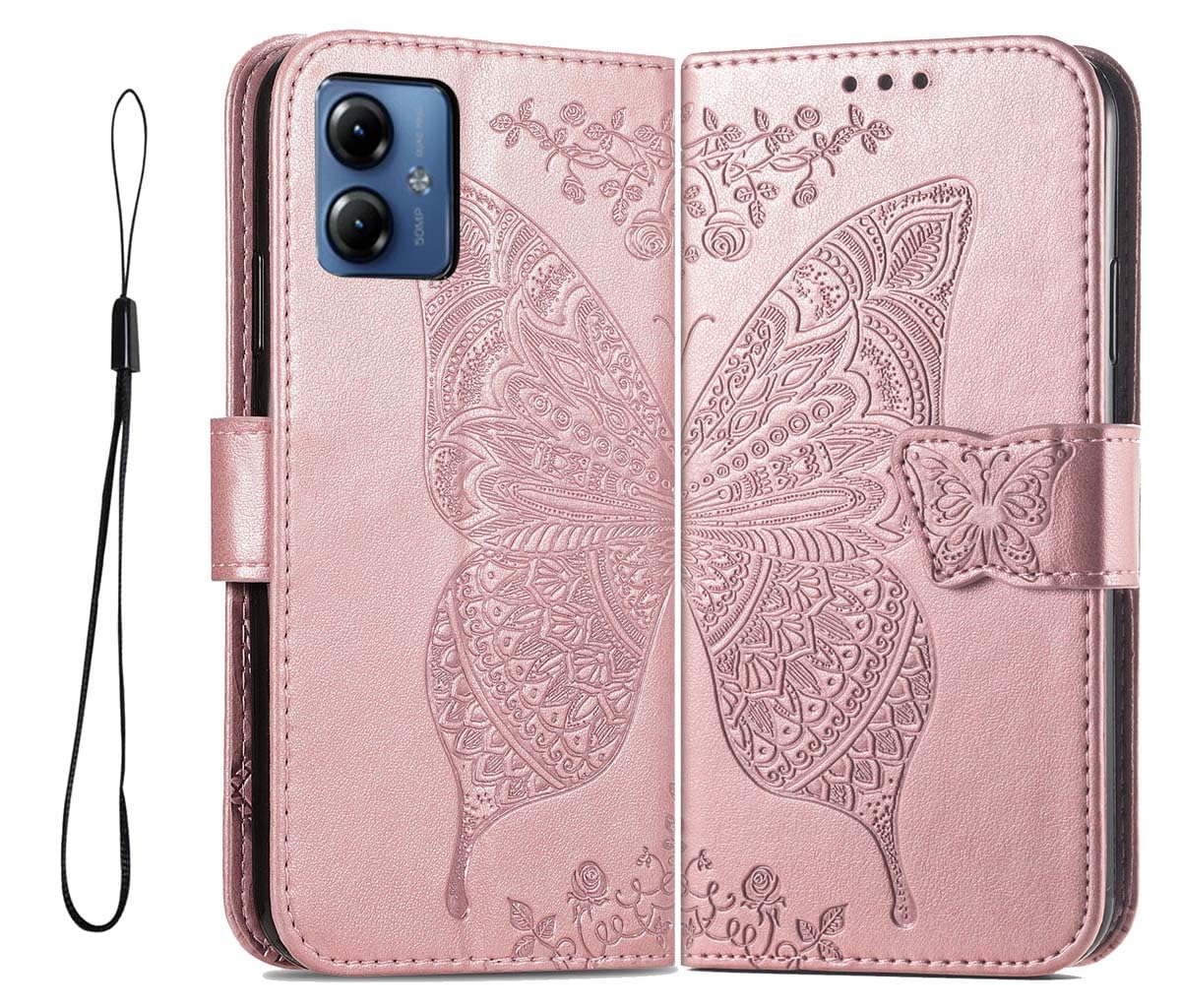 GOKEN Cover Per Motorola Moto G14, Custodia Flip In PU Con Portafoglio, Slot Per Carte E Supporto, Viola Con Rilievo - 3