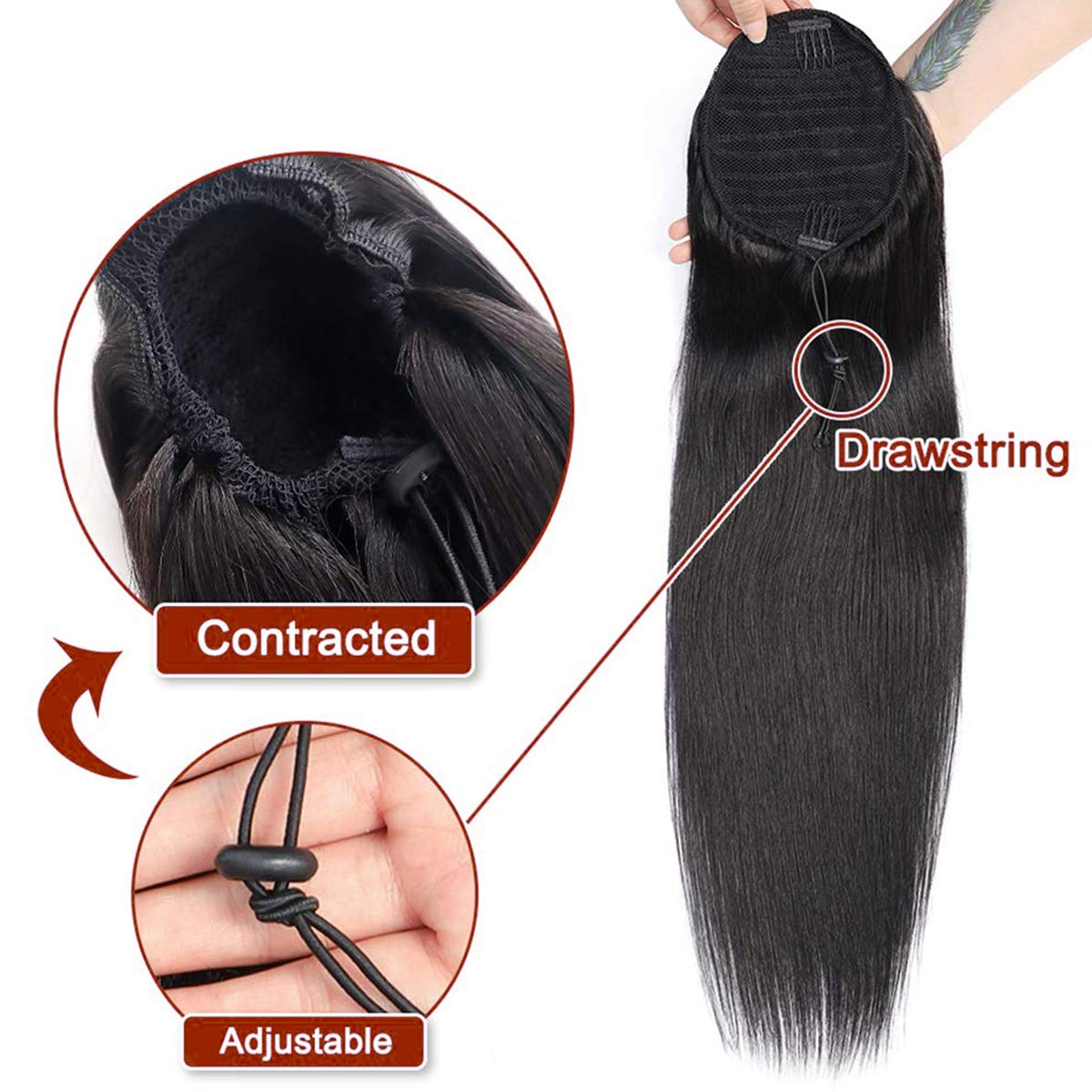 100% Human Hair Drawstring Ponytail Extension Clip In Remy Straight 16 inch Straight Drawstring Ponytail #4/27 Highlight Color Brown  main image 3