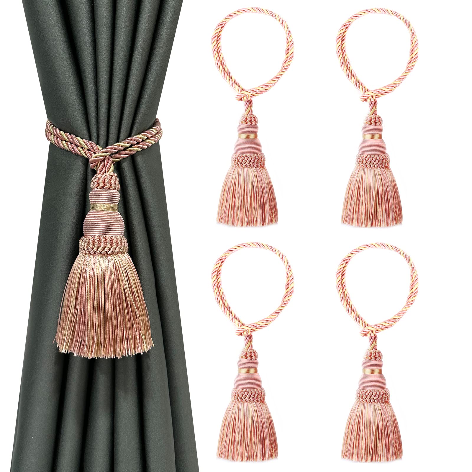 Tassel Curtain Tiebacks， Curtain Tiebacks Braided Rope Tassels 4 Pack Multicolor(Mix Pink)