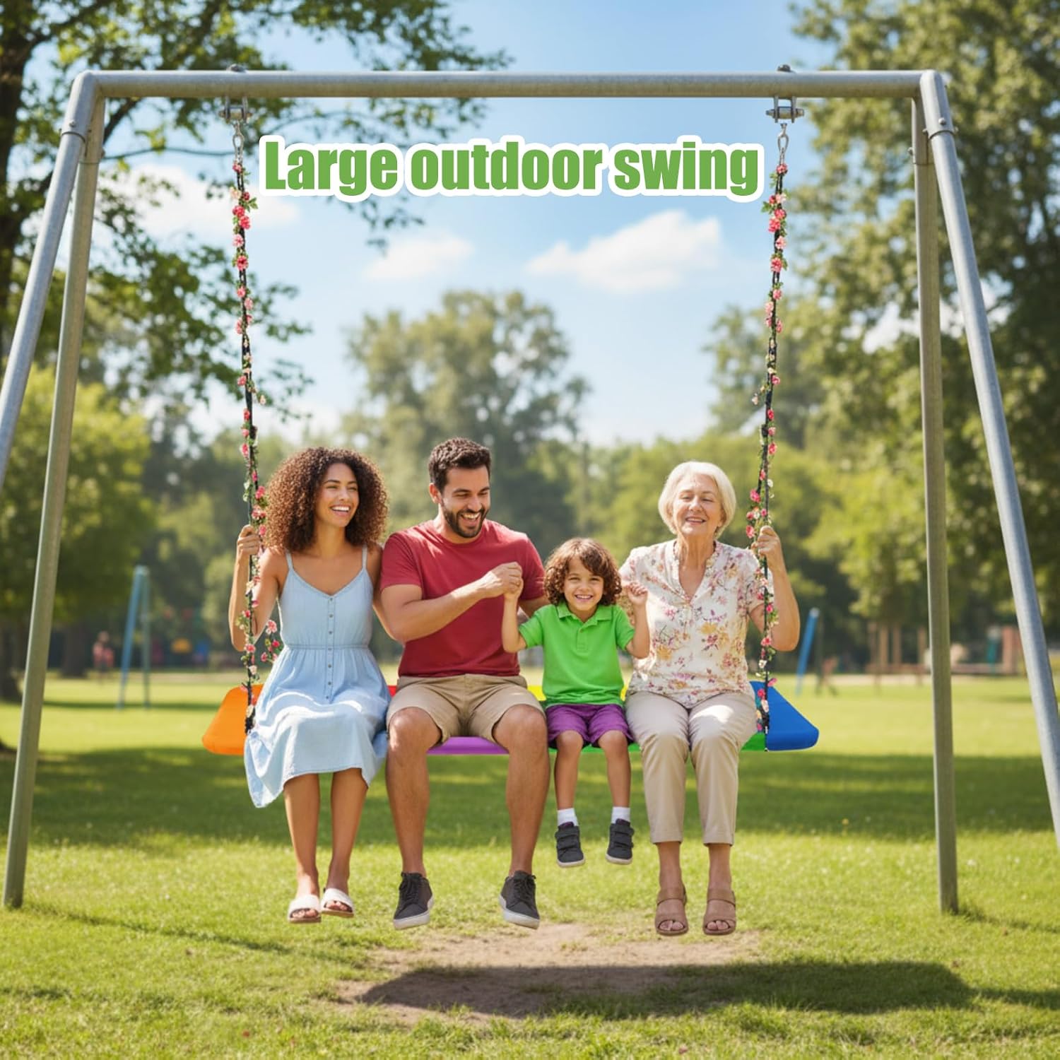 70" x 40'' Extra Large Platform Tree Swing for Adults with 2 Artificial Flower Garland and Adjustable Straps 800lbs Heavy Duty Waterproof Rectangle Swing for Gift Outdoor Game Christmas