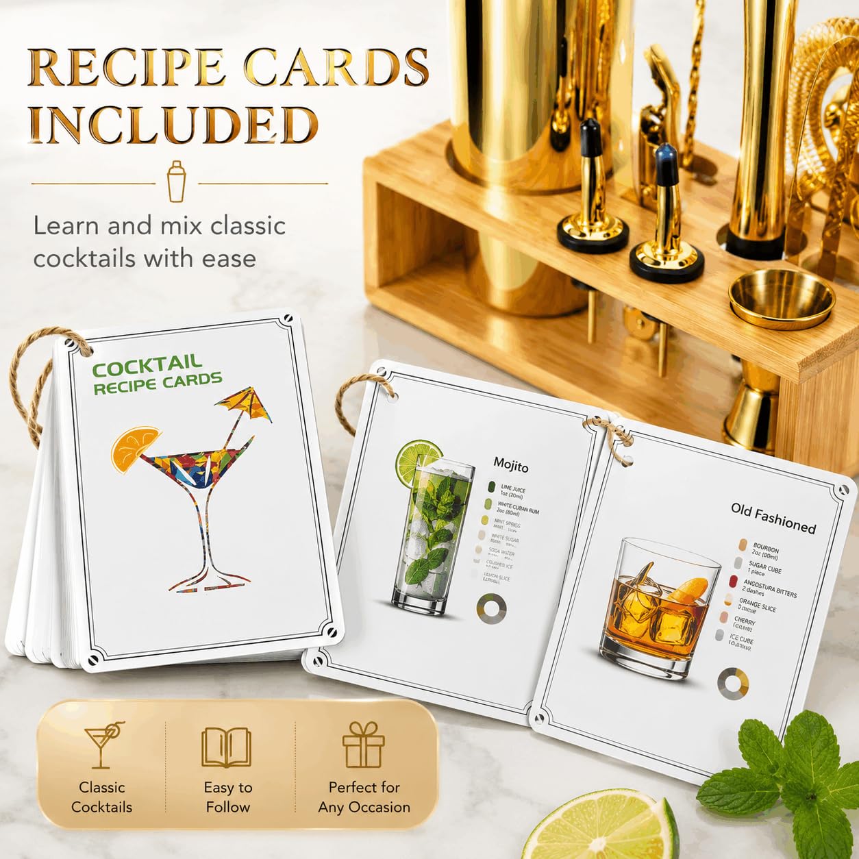 Gold Cocktail Shaker Set, Premium 18/8 Stainless Steel Mixology Bartender Kit with Stylish Bamboo Stand 10-Piece Bar Tools & Accessories for Home Bar for Men, Dad, Husband view 6