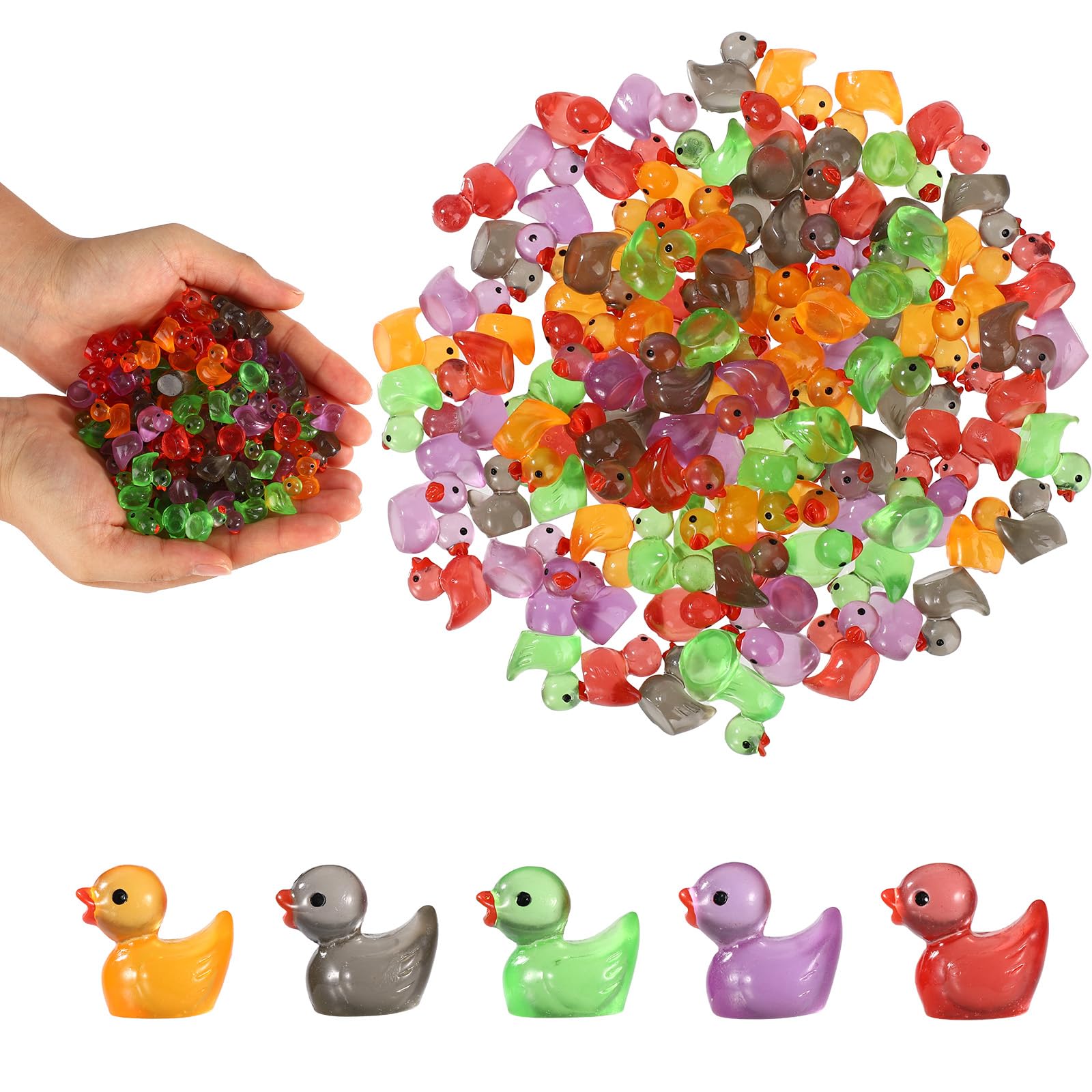 120pcs Mini Resin Glow Ducks, 5 Colors Resin Halloween Miniature Ducks for Halloween Themed Party Small Ornaments and Home Desktop Cake Tiny Decorations