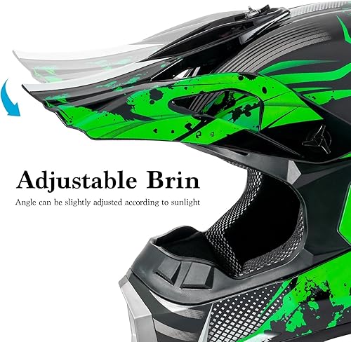 Miniatura 3 de Casco de motocross para niños jóvenes, casco de motocicleta todoterreno BMX de 4 ruedas con gafas, guantes y máscara, aprobado por DOT (verde