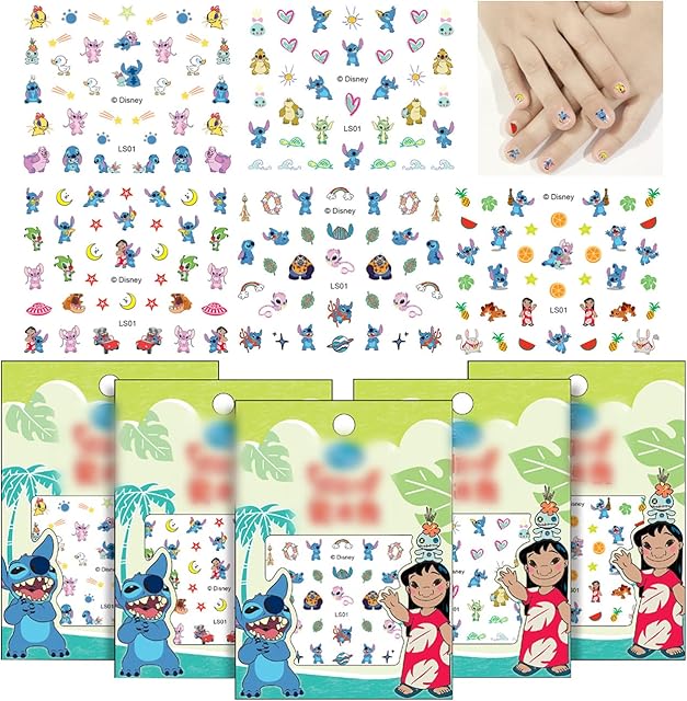 Stitch Nail Art Decals Tomicy 5 Sheets Girls Decal Kit 3D Nail Art Stickers Cartoon Nail Stickers Women Girls Kids DIY Nail Design Manicure Decorations for Salon Home Tea Party