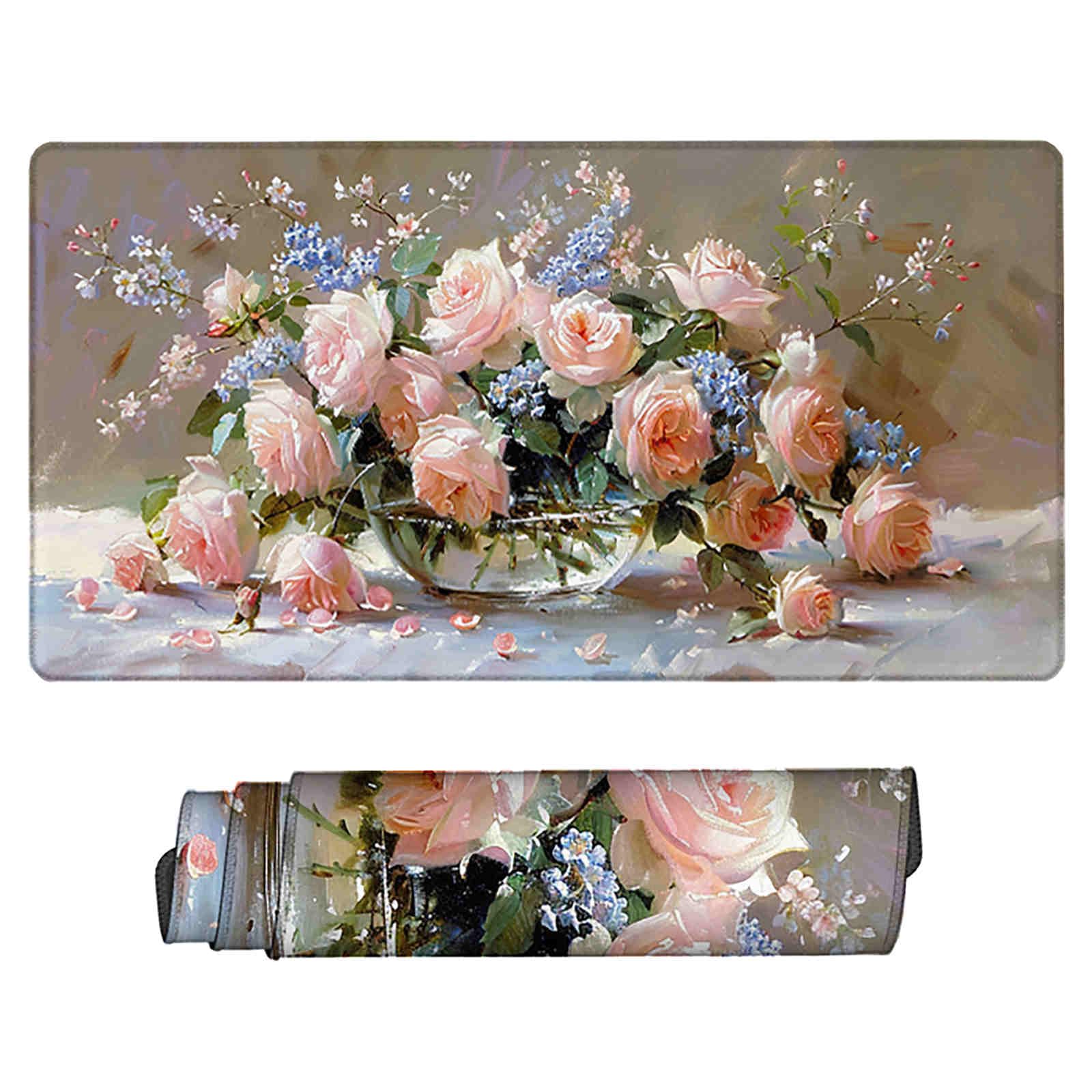 Podkładka pod mysz kwiatowa podkładka na biurko, duża (122 x 61 x 0,3 cm), antypoślizgowa, wodoodporna, różowa, do gier, przeszyte krawędzie, podkładka na biurko, miękka gładka powierzchnia, mata na
