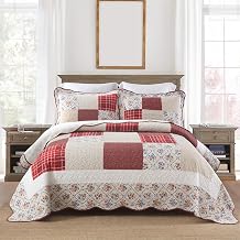 Cotton Bedspread Quilt Sets, 3 Pieces Reversible Coverlet Sets Lightweight Comforters,Farmhouse Rustic Vintage Patchwork Quilt All Season Bedding Sets, Red White Rose Floral, King Size
