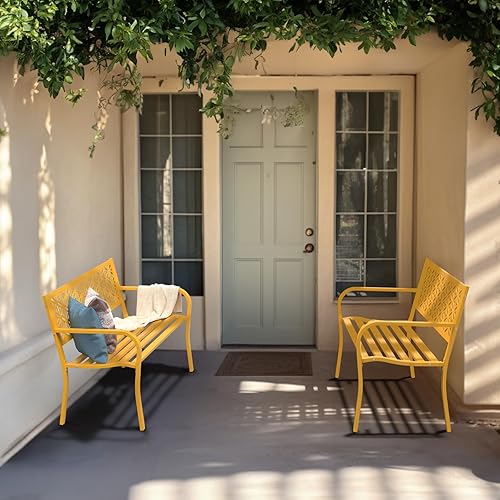 Miniatura 9 de VINGLI Banco de metal para exteriores de 50 pulgadas con respaldo floral, banco de jardín delantero para patio, entrada, parque exterior, capacidad