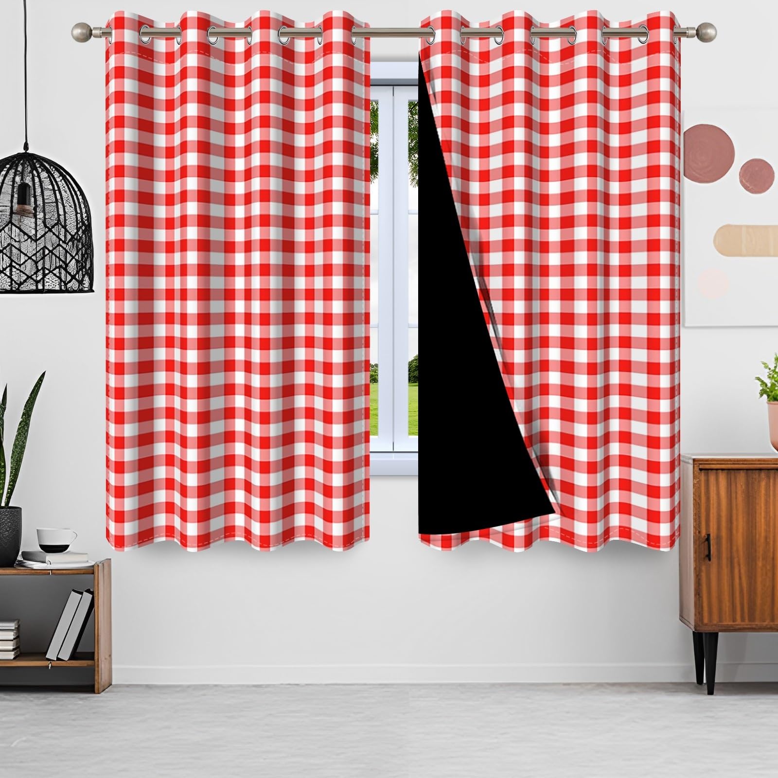 117x183cm Plaid Rideau à œillets Chiffon Buffalo Rouge et Blanc Classique Vichy Vintage Carrés Motif Ferme Rideaux occultants à œillets pour Chambre à Coucher et Salon,2 Panneau