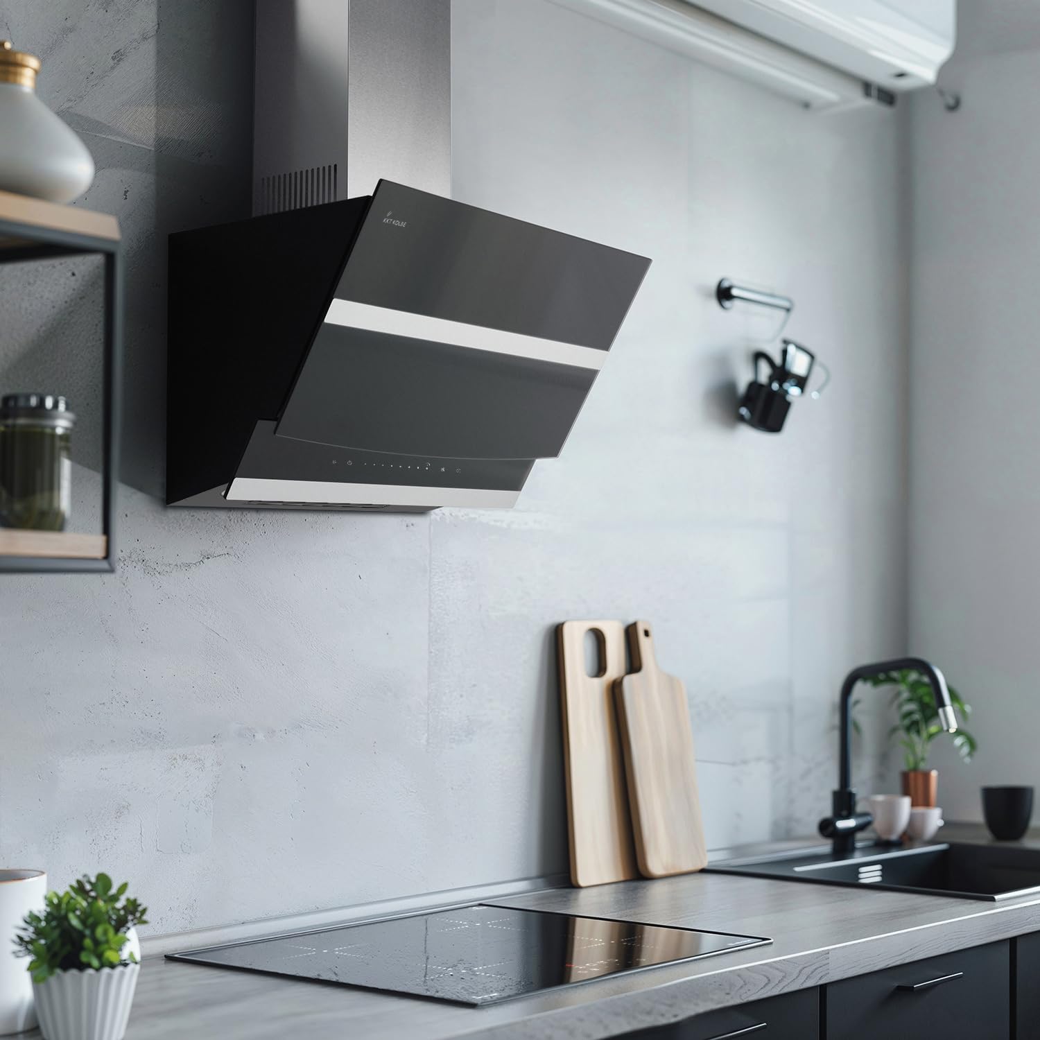 Campana Extractora 80 cm | Campana de Pared Inclinada | acero inoxidable | vidrio negro | apagado automático | Funcionamiento táctil | HERMES8005S