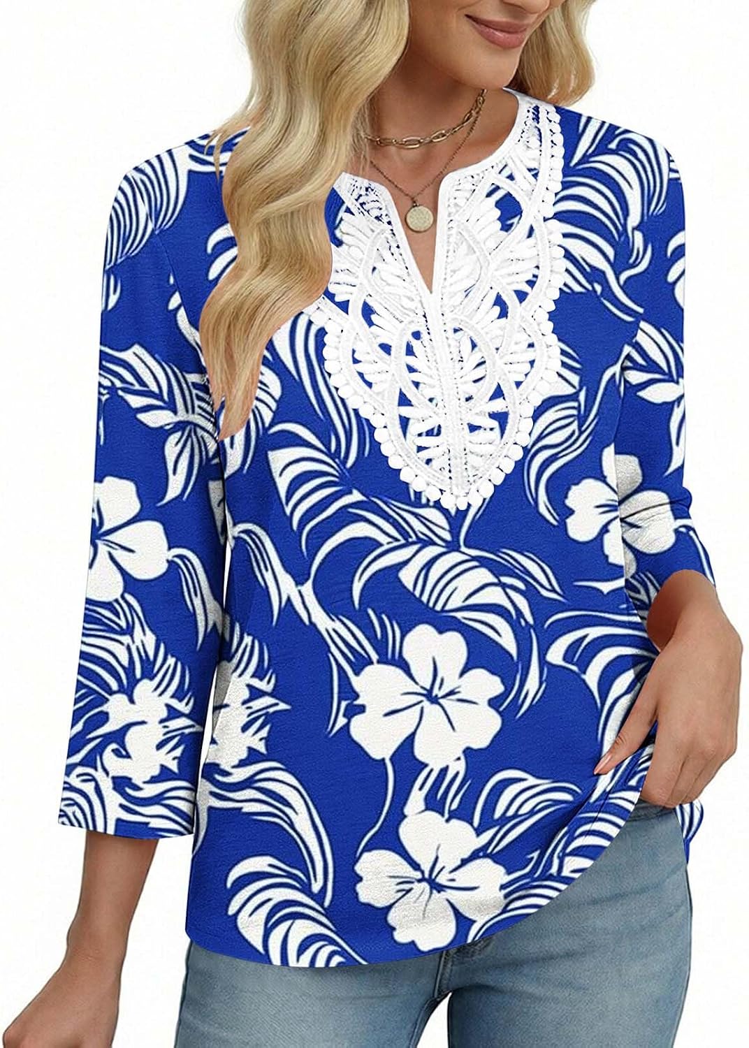 3/4 Length Sleeves Tops for Women's Trendy Boho Style Print V-Neck Loose Comfy T-Shirts Dressy Casual Blouse Top