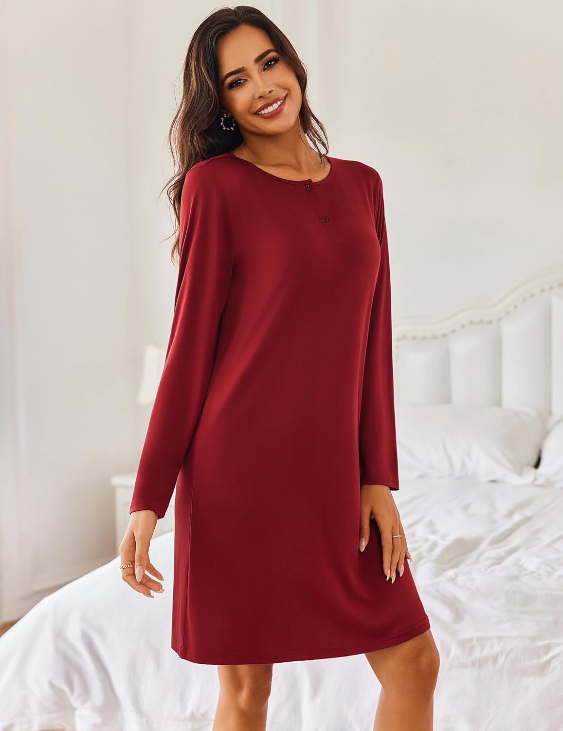 Ekouaer Women's 2 Pack Sleepshirt Dress Comfortable Nightshirt Nightgown Long Sleeve Button Down Sleepwear - Image 4