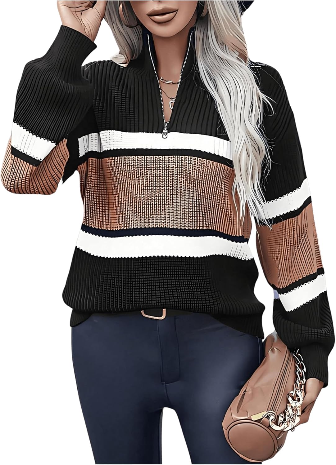 SOLY HUX Women's Half Zip Pullover Sweater Color Block Quarter Mock Neck Long Sleeve Knit Fall Casual Jumper Tops