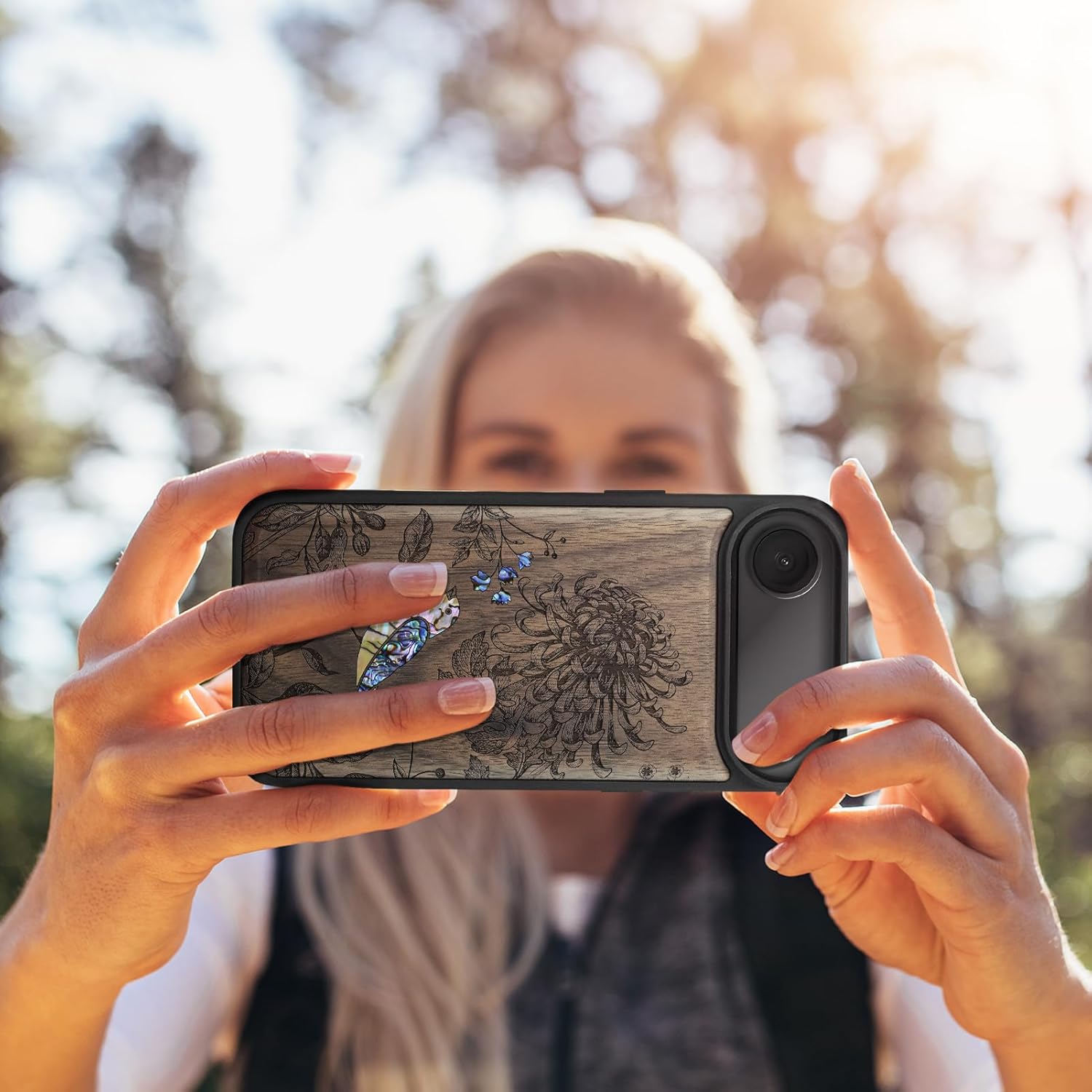 Carveit Magnetic Case for iPhone Air Case, Wood Artisan Engraved & Handmade Shell Inlaid, TPU Shockproof Cover, Compatible with MagSafe 17 Air Wireless Chargers (Flowers and Bird-Walnut)