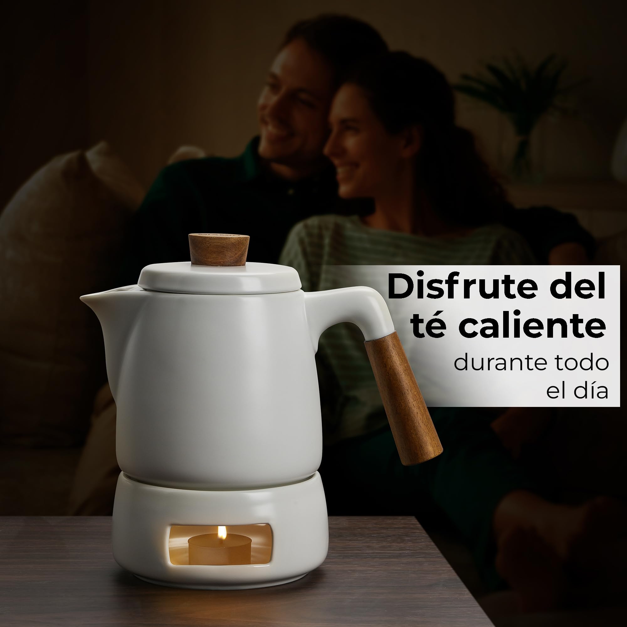 MIAMIO - Juego de tetera con calentador / 1L / 1000 ml Tetera con infusor para preparar té de hojas sueltas - Regalo para mujeres/amantes del té (Blanco)
