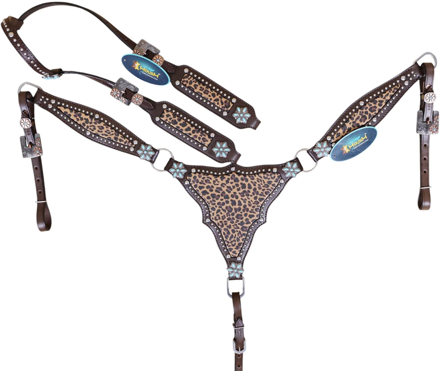 Leopard Print One Ear Western Horse Headstall & Breast Collar Set with Silver Studs - Premium Argentina Cow Leather - Ideal for Horse Lovers