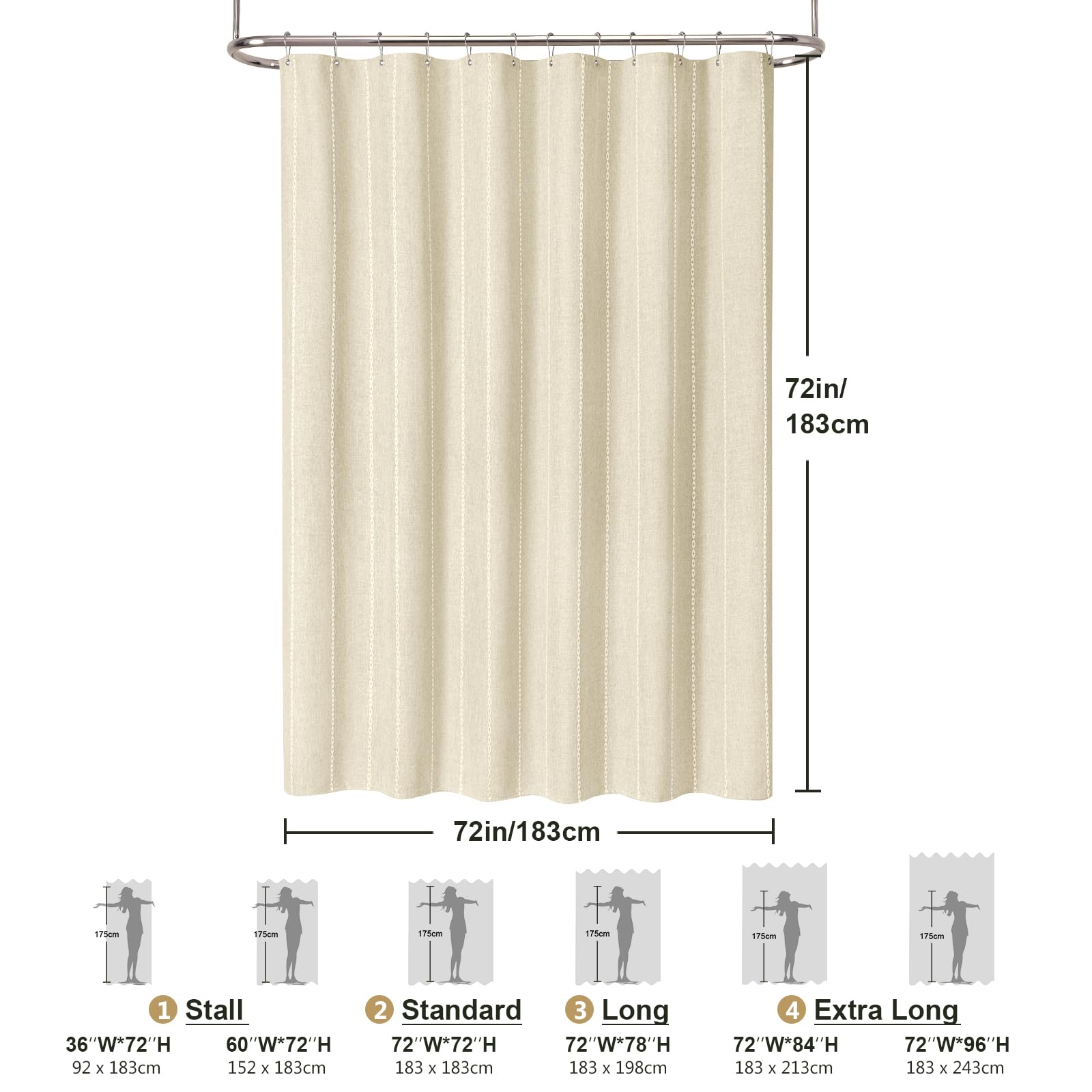 VANZAVANZU Cortina de Ducha de Rayas Bohemia - Cortina de Ducha de Lino y poliéster con Rayas Estilo rústico, Impermeable, Estilo rústico, Estilo Shabby Chic, 182 x 182 cm Beige