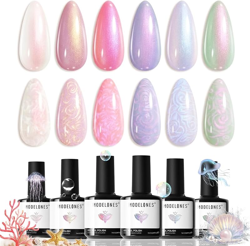 modelones Juego de esmaltes de uñas en gel Pearl, 6 colores Aurora Iridescent Shimmer | Esmalte de uñas en Gel con purpurina de sirena, color blanco, rosa, morado y azul, efecto de concha de remolino LED con bolígrafo punteado, regalo DIY para mujer
