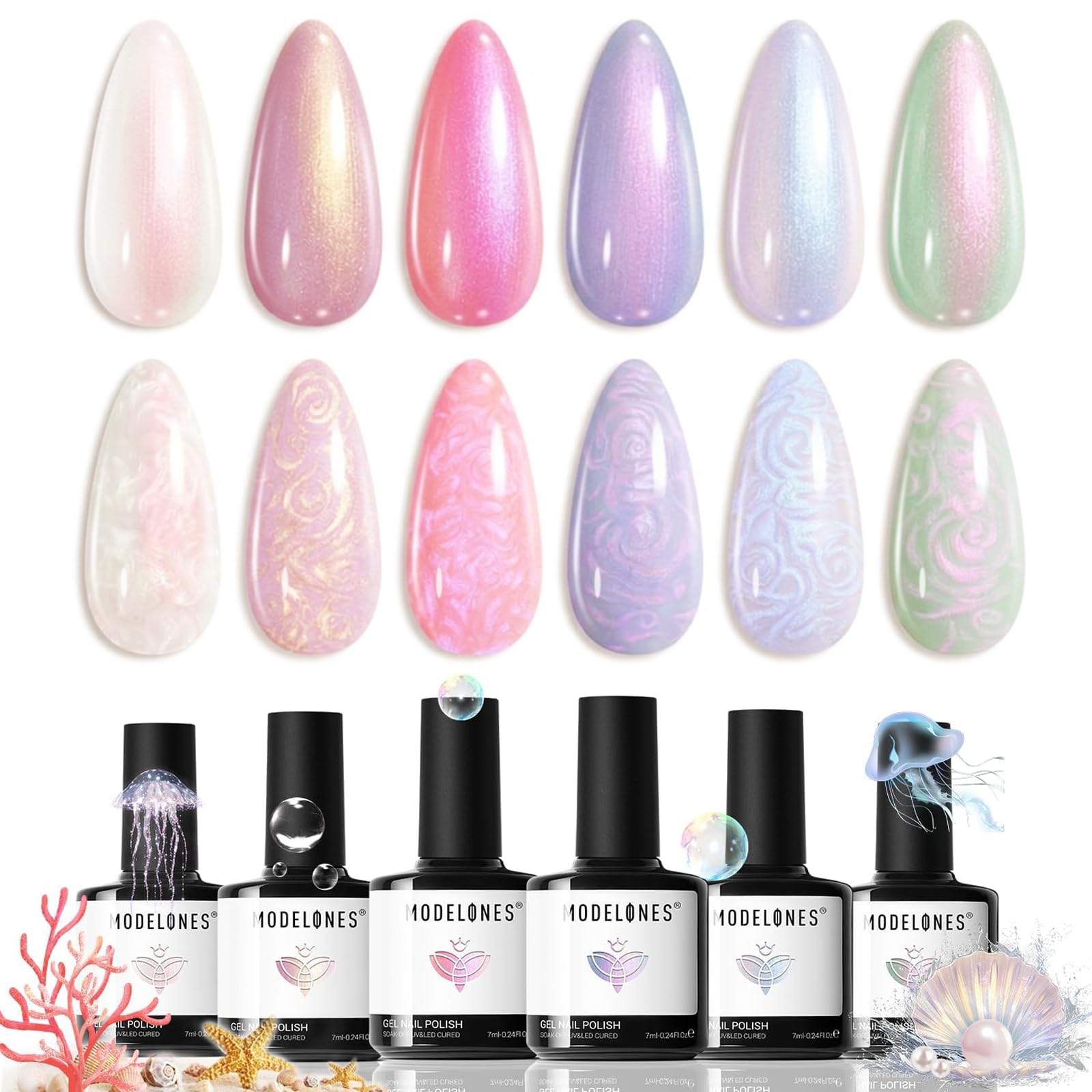 modelones Pearl Gel Nail Polish Set, 6 Colors 2026 Spring Summer Aurora Iridescent Shimmer White Pink Purple Blue Mermaid Nail Glitter Gel Polish LED Swirl Shell Effect with Dotting Pen DIY Gift
