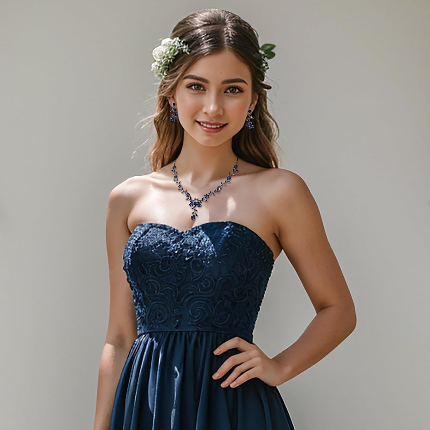 BriLove Women's Wedding Jewelry Leaf Cluster Flower Crystal Dangle Earrings Pendant Necklace Set for Bridal - Image 4