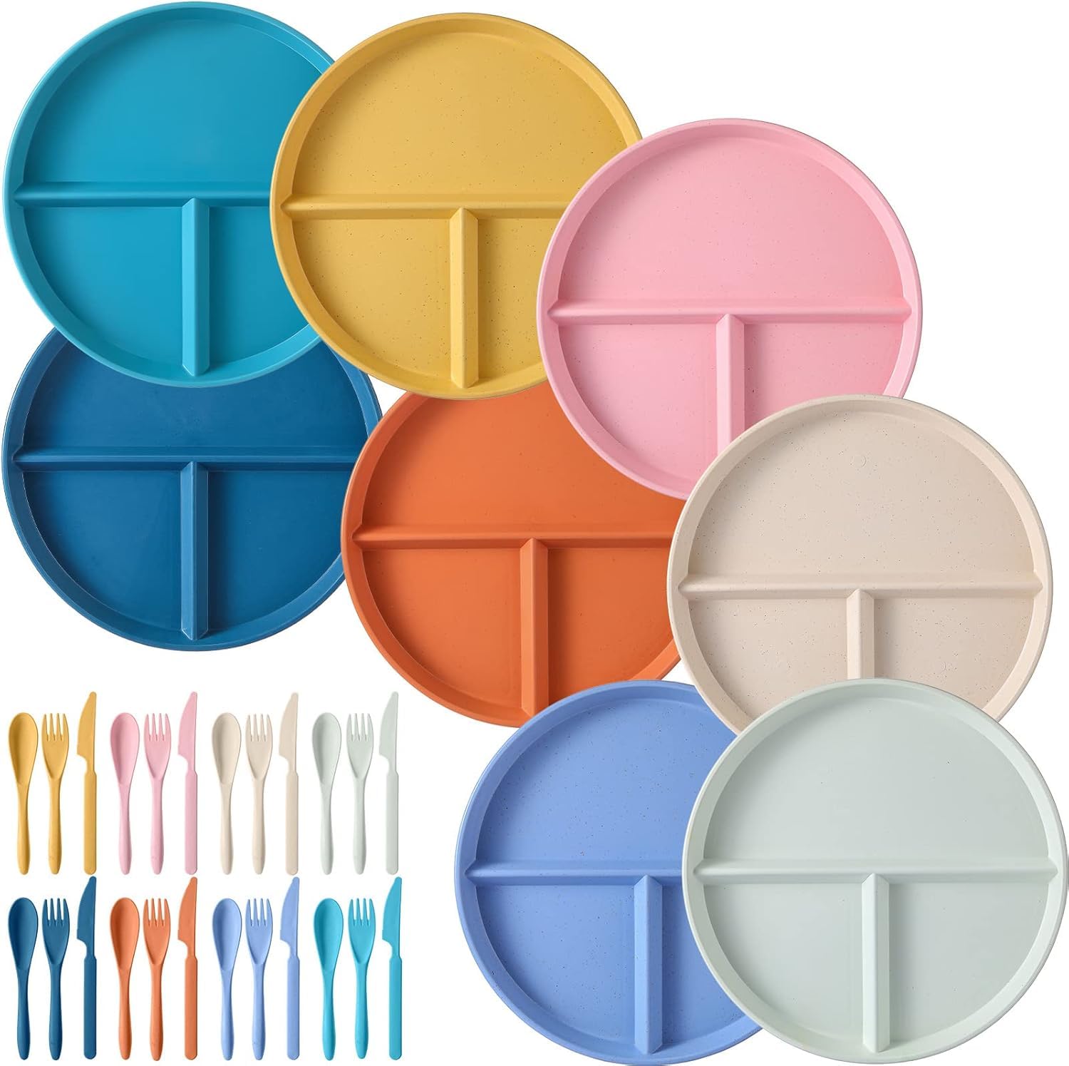 LATERN 8Pcs Divided Dinner Plates, 9 Inch Unbreakable Plastic Diet Plates Portion Control Divided Dishes with Reusable Spoon Knife Fork for Adult Children Kids Dinner (8 Colors)