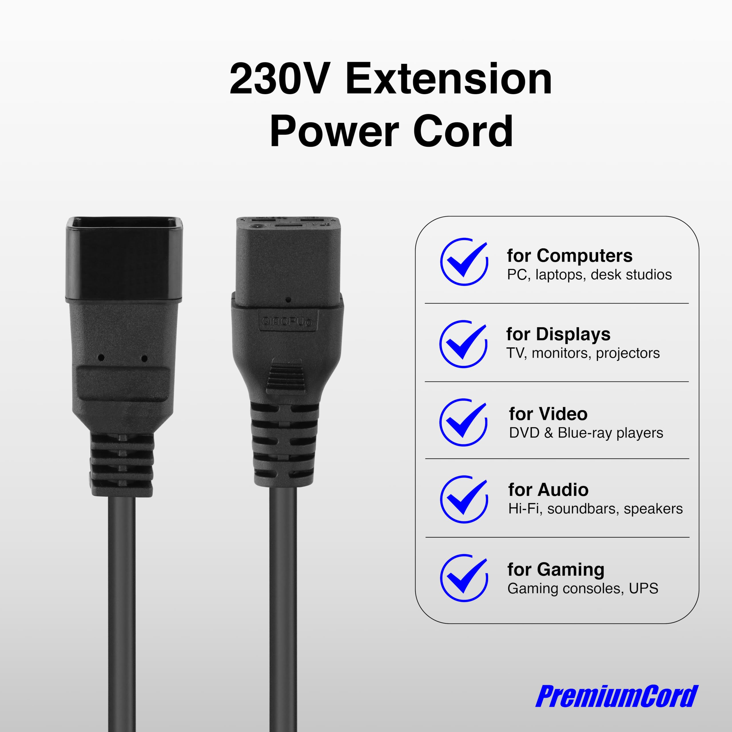 PremiumCord Przedłużacz Zasilający 230V 1,5m, Przedłużacz IEC 320, Gniazdo do Wtyczki, IEC 320 C19 do C20, Kabel Zasilający 230V 16A, Kolor Czarny
