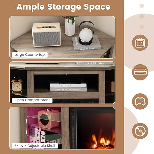 Miniatura 8 de Tangkula Soporte de TV esquinero para chimenea con luces LED y control inteligente de aplicación para TV de 50 pulgadas, centro de entretenimiento