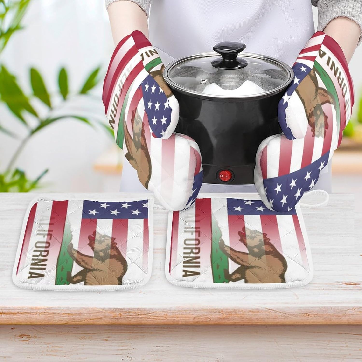 U.S.A California State Flag Oven Mitts and Pot Holders 4Pcs Set Heat Resistant Cooking Mitts Hot Pads