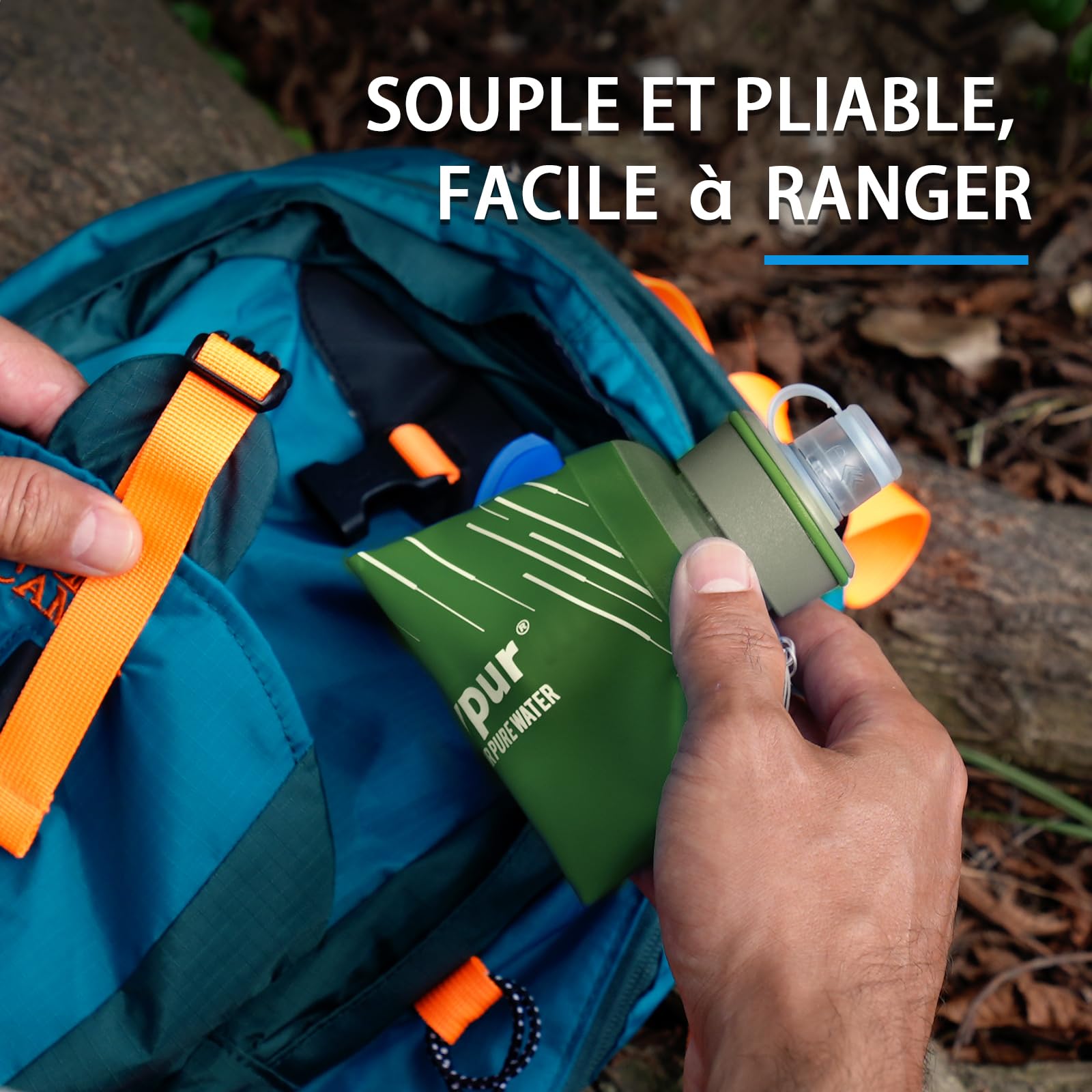 Bouteille Eau Pliable avec Filtre 1L, Filtre à Eau Portable 3 Couches, Élimine 99.9999% des Impuretés, Ultra-léger 100g, Pour Randonnée Camping Survie, TPU Qualité Alimentaire Vert
