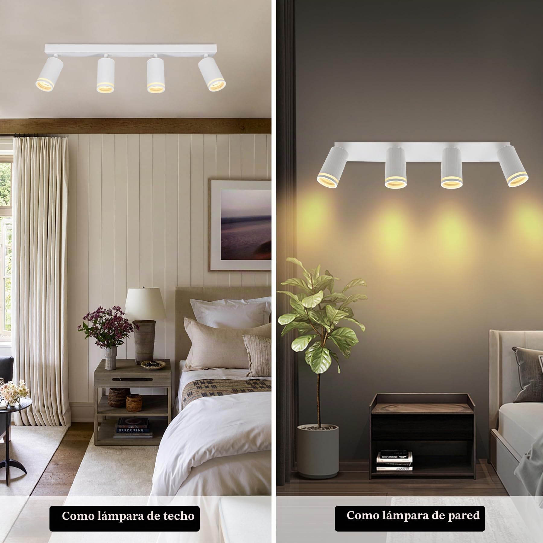 Focos LED Interior Techo con 4 Focos GU10, Lámpara de Techo Ajustables y Giratorios, Blanco Apliques Techo Interior Moderno para Salon Dormitorio Cocina Pasillos, Sin Bombilla GU10