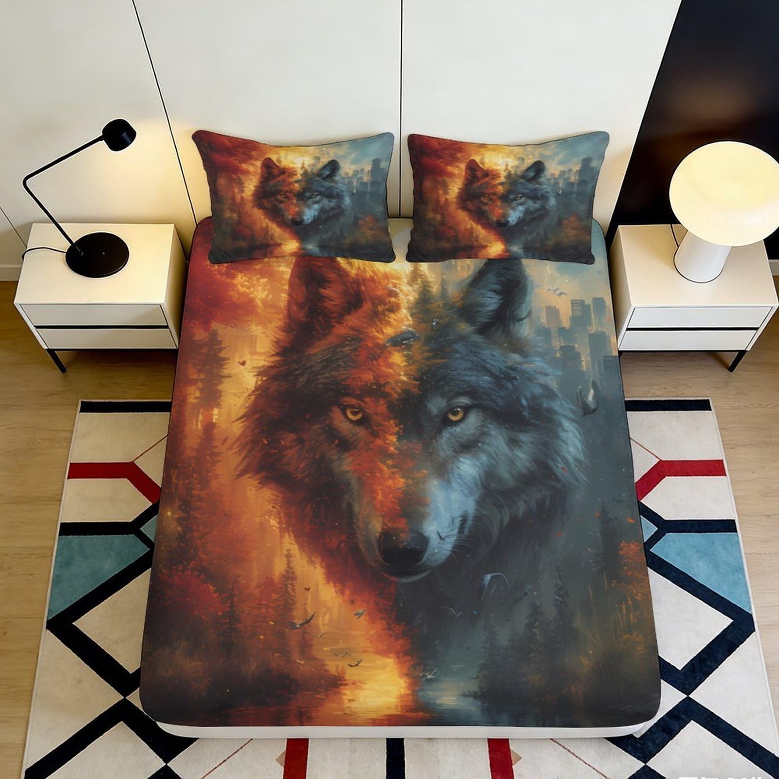 3D Printed Wolf Forest Fitted Sheet Microfiber Durable Soft Bed Cover for Bedroom Dormitory Guest Room Mattress Protection Decorative 120x200x25cm