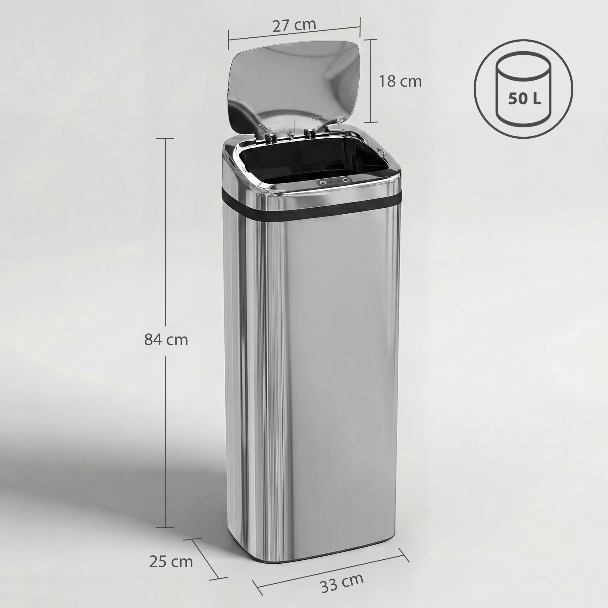 HOMCOM Cestino Spazzatura da 50L con Sensore, Pattumiera Intelligente con Apertura e Chiusura Automatica, Bidone per Rifiuti in Acciaio, 33x25x84 cm, Argento