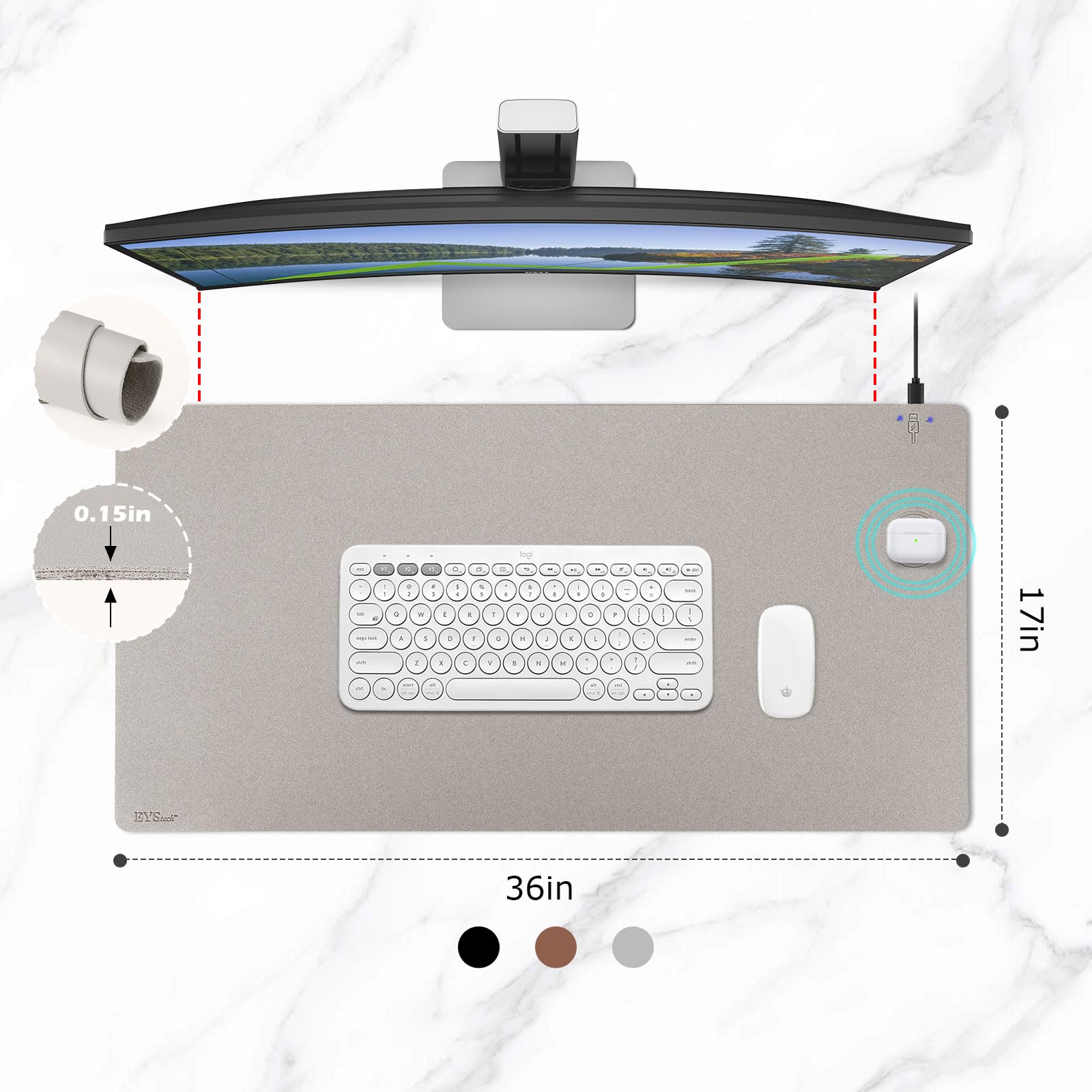 Tappetino per mouse 2 in 1 con ricarica wireless, in pelle di alta qualità, impermeabile, per ufficio, casa, lavoro, tastiera, caricabatterie per iPhone, dispositivi Android, AirPods e