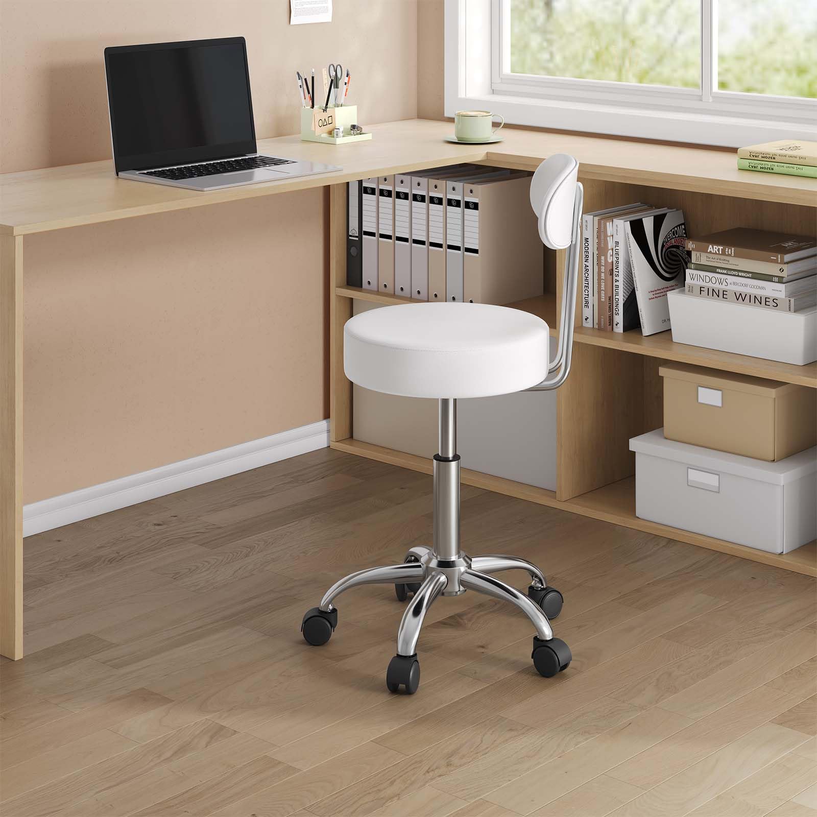 WOLTU Sedie Ufficio Sedia da Scrivania Sgabello con Schienale 47-59cm PU Cromato Girevole Moderno, per Ufficio, Salone, Massaggio, Toeletta Trucco, Bianco