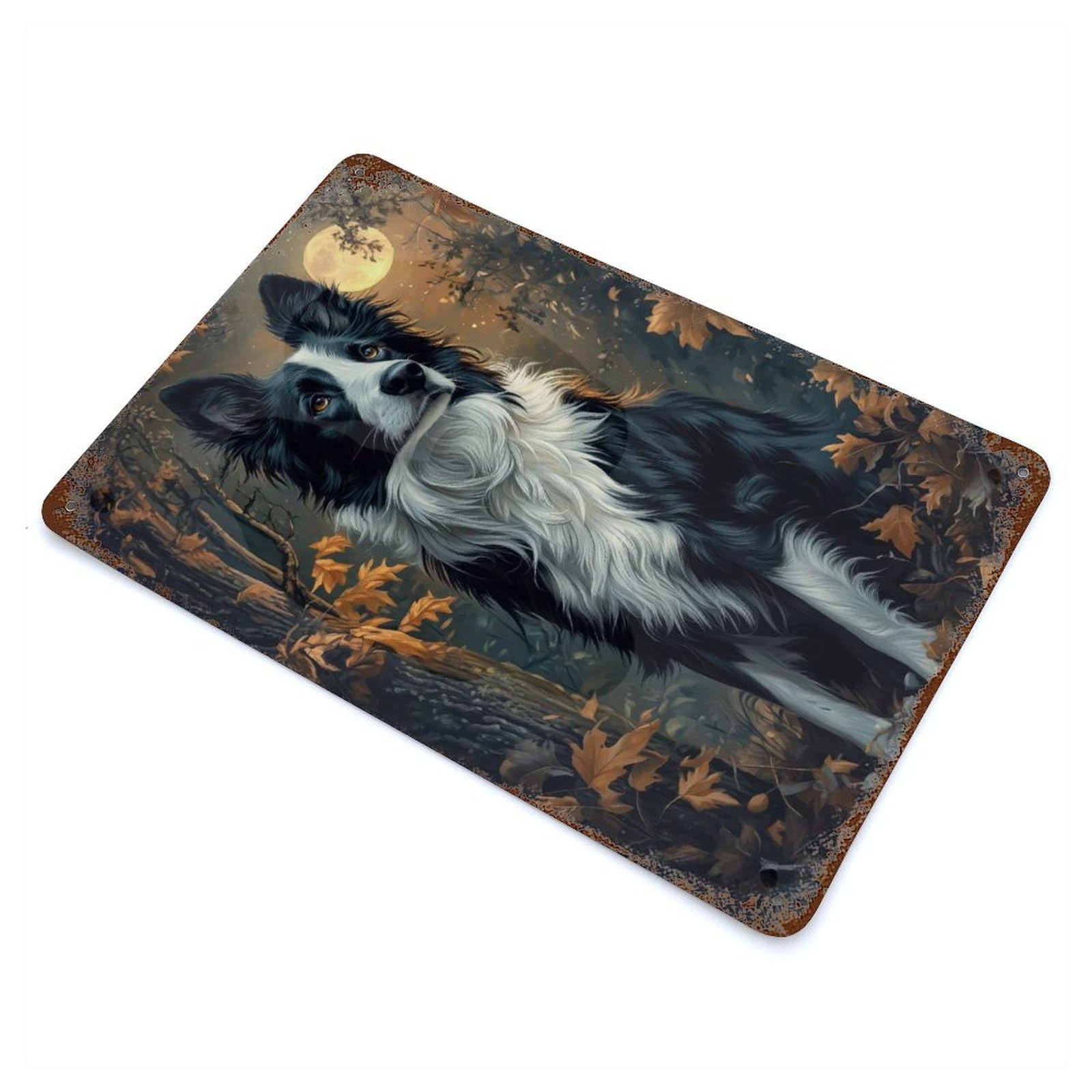 Border Collie Under Moonlight 11.8"x7.9" Aged Metal Wall Plaque, Classic Wall Plaque for Basement, Hobby Room And Garage Decor