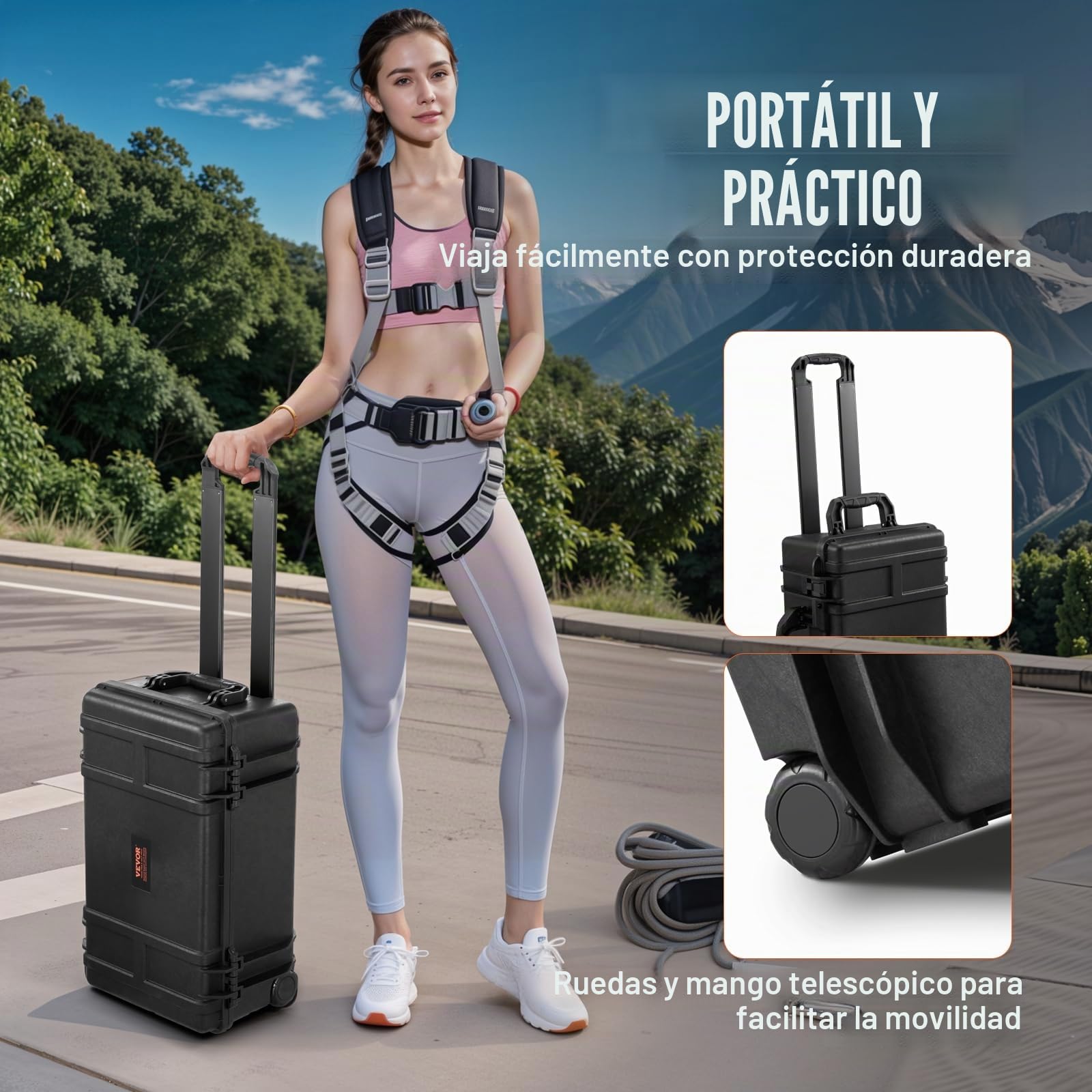 VEVOR Estuche Rígido Resistente a la Intemperie de 550 x 340 x 240 mm, Estuche Resistente con Espuma Precortada, Ruedas y Asas Retráctiles para Viajes, Caza, Uso Militar, Táctico, Impermeable IP67