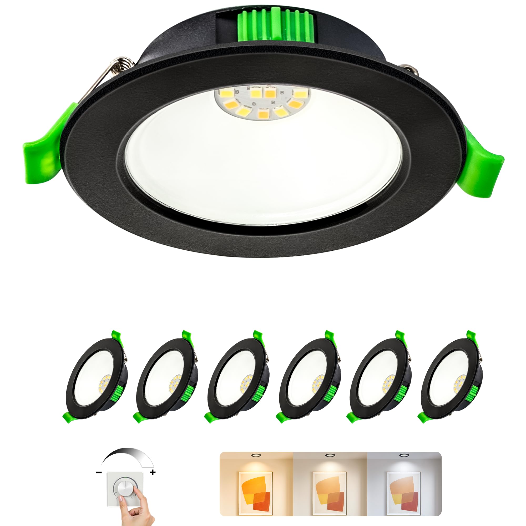 Faretti LED da Incasso 230V Dimmerabile Set di 6, 5W 650lm Ultra Piatto 23mm, 3 CCT di Colore 2700K/4000K/6000K, IP44 Resistente agli Schizzi, Foro Ø68-75mm, per Bagno Soggiorno, Nero