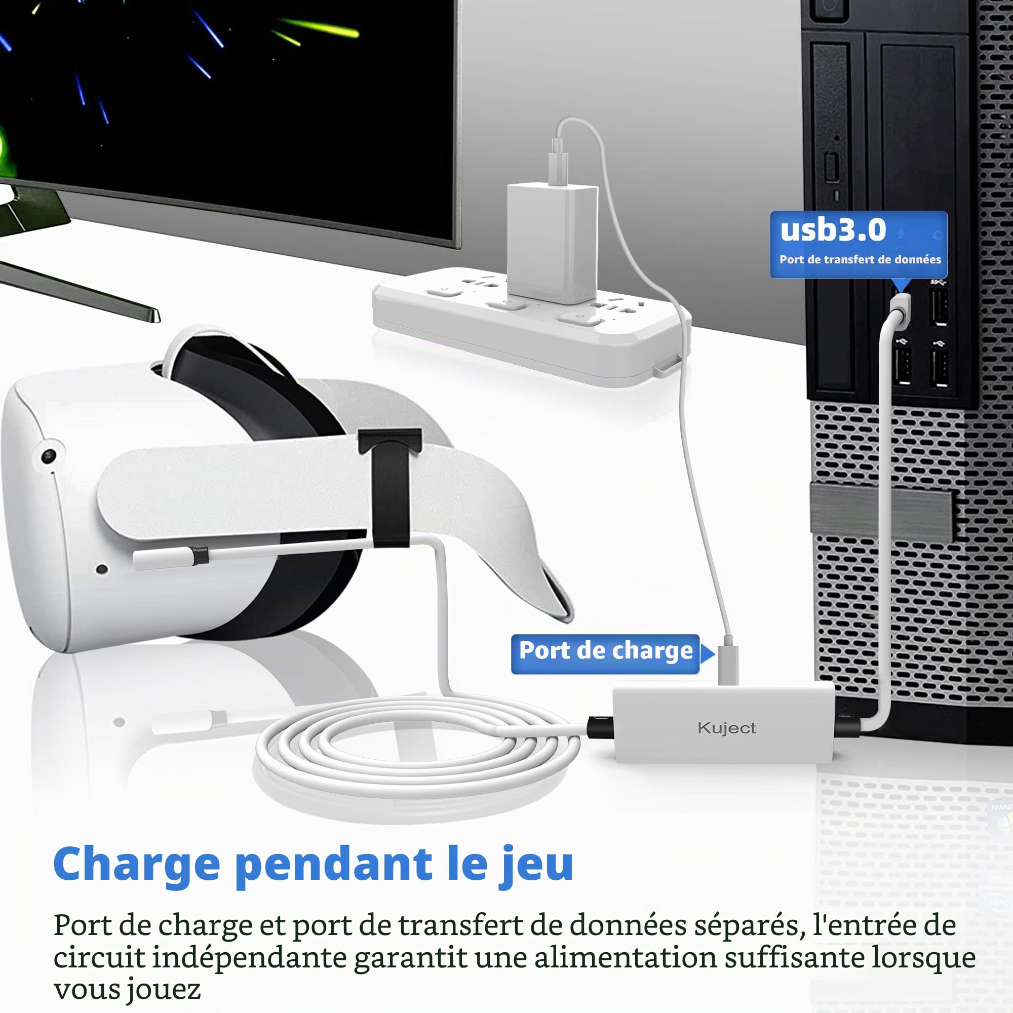 Kuject Cable Link 5m pour Meta Quest 3, avec Port de Charge séparé pour une Alimentation Ultra Durable, Câble USB 3.0 de Type A vers C pour Accessoire de Casque VR et jeu PC