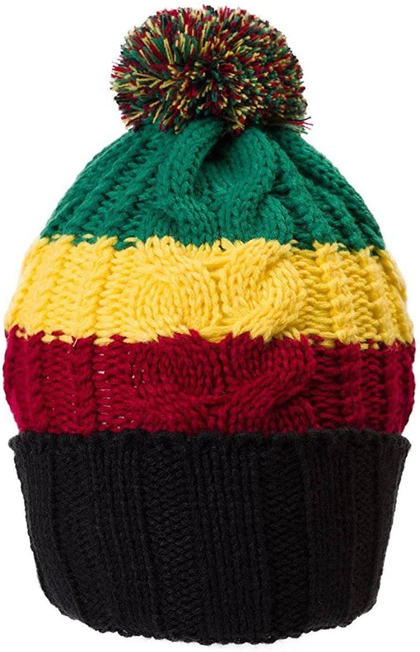 TOP HEADWEAR Rasta Color Block Crochet Knit Pom Cuff Beanie