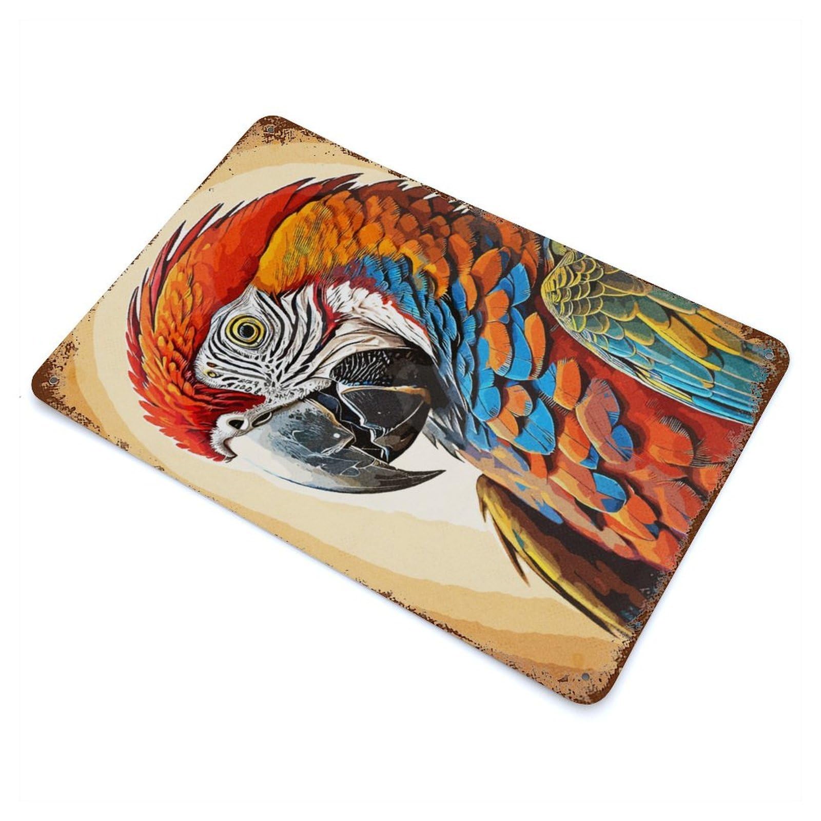 Weathered Tin Sign with Vintage Parrot Design 11.8"x7.9", for Garage, Bar And Workshop Decor, Decorative Metal Wall Art