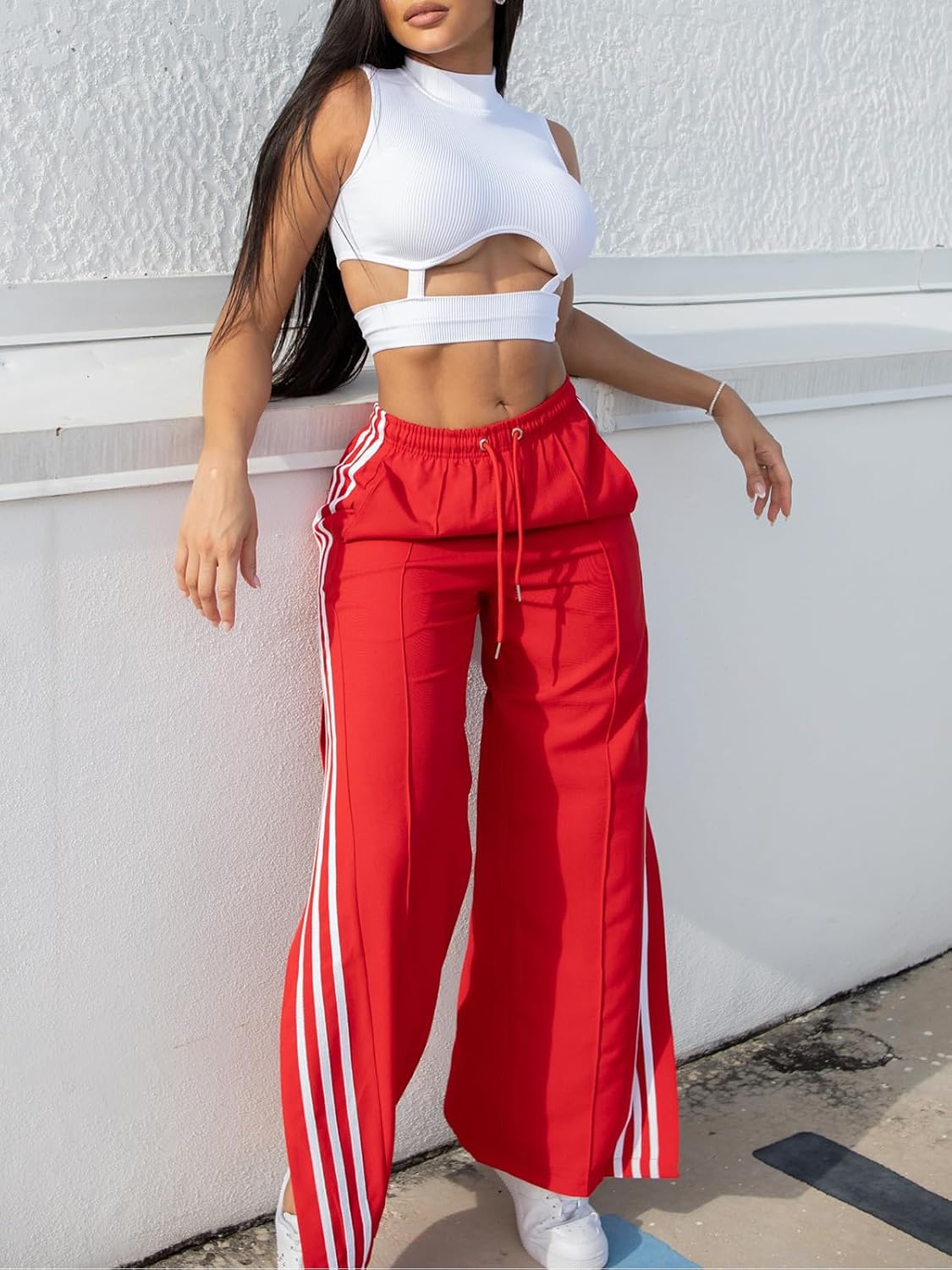 Angsuttc Wide Leg Pants Women Drawstring Side Split Sweatpants with Stripes Casual Elastic High Waist Long Pant - Image 2