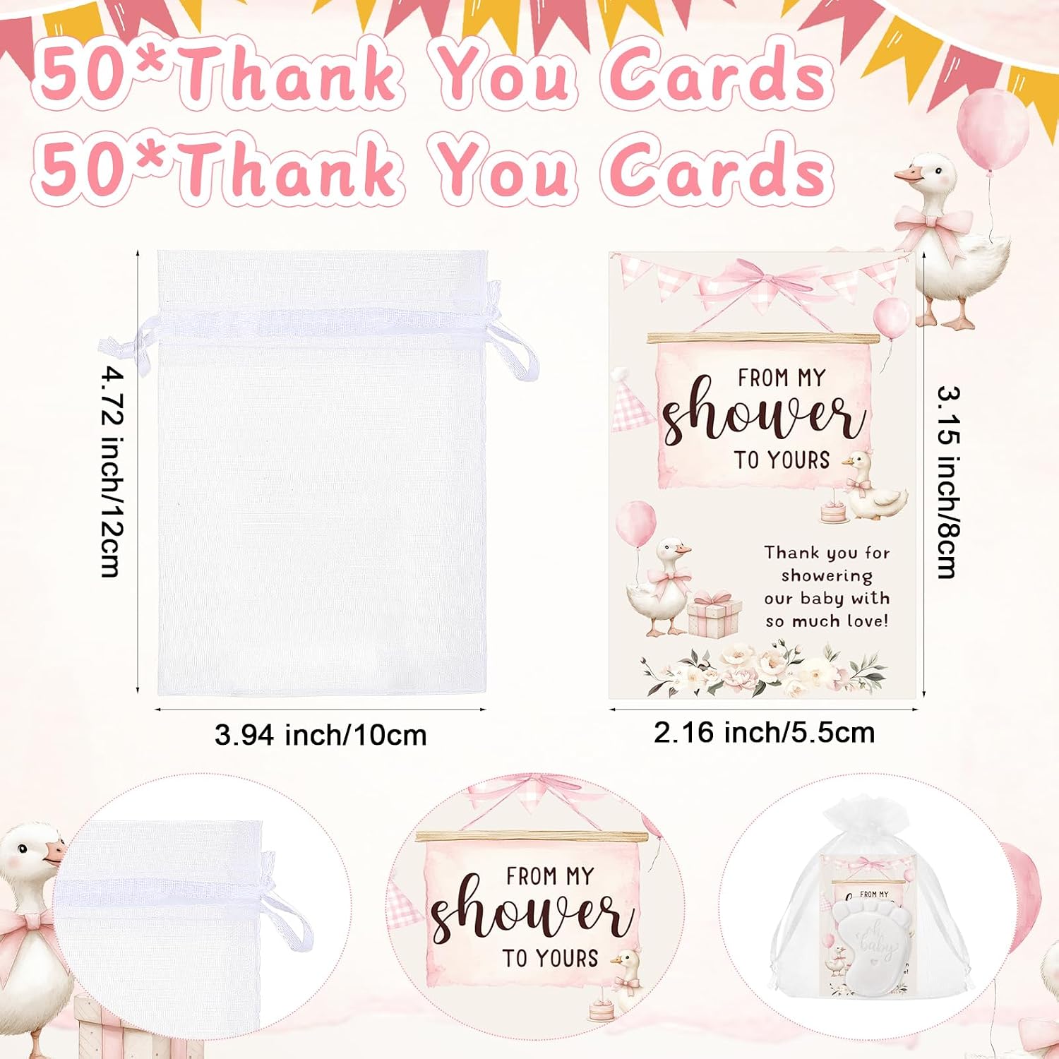 50 Sets Baby Shower Soap Favors for Guests - Mini Handmade Footprint Scented Soap with Thank You Cards and Organza Bag, Party Gifts for Gender Reveal Baptism(Goose,Pink and White)