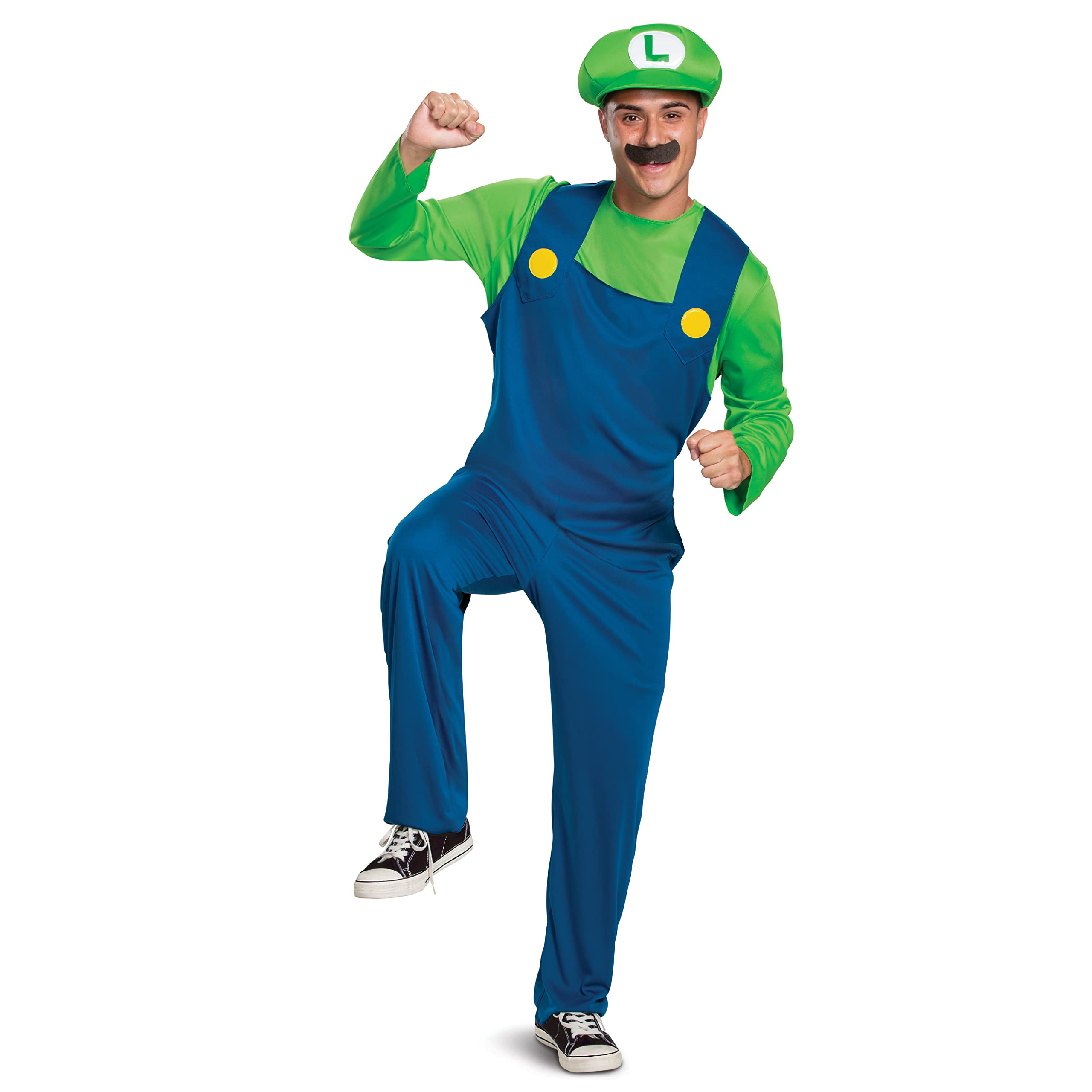 Luigi Costume, Official Nintendo Super Mario Bros Luigi Adult Costume with Hat and Mustache, Mens Size XL (42-46)