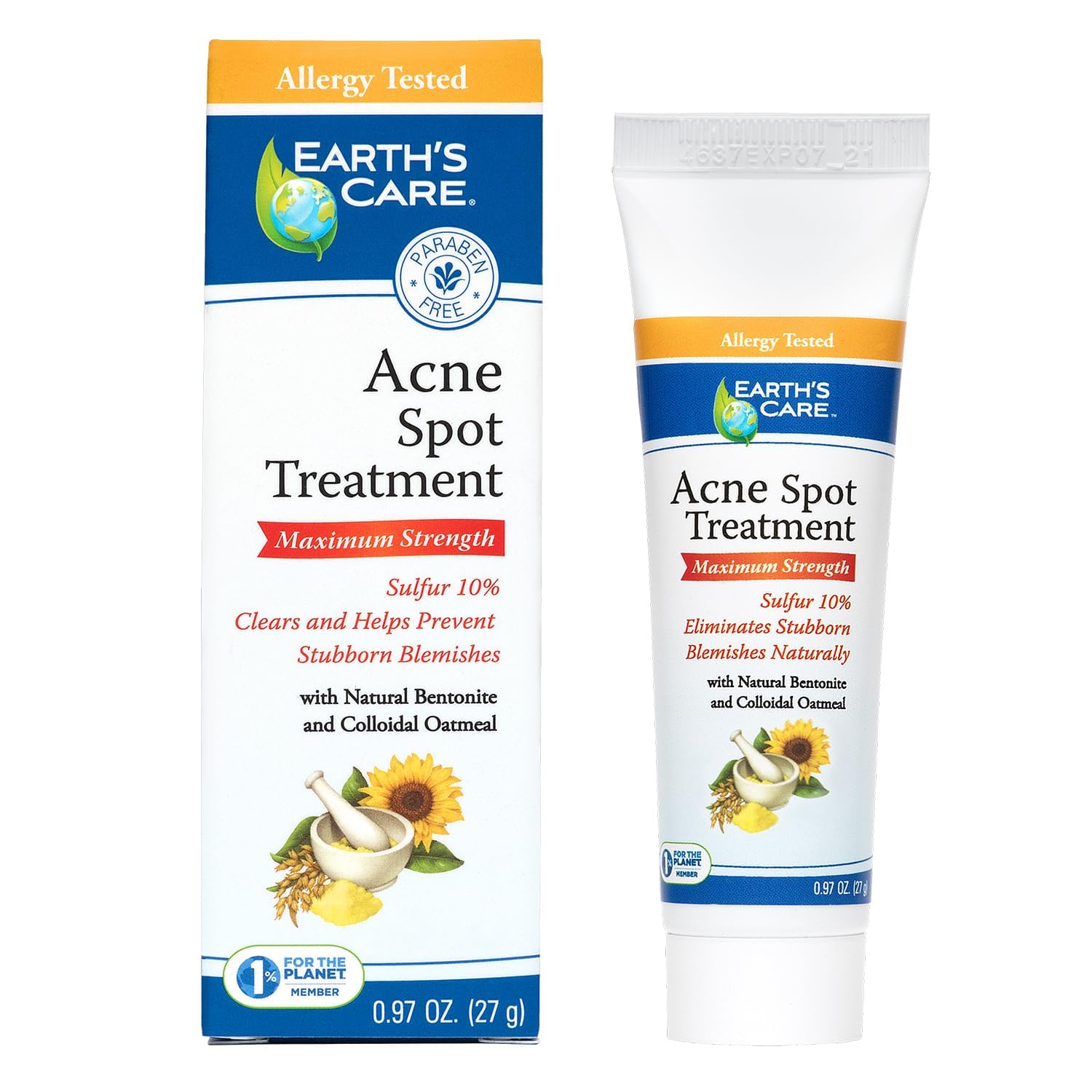 Earth's Care Acne Spot Treatment - 10% Sulfur Cream Medication to Clear Cystic Acne, Pimples and Blackheads on Face and Body (Tube 0.97 OZ)