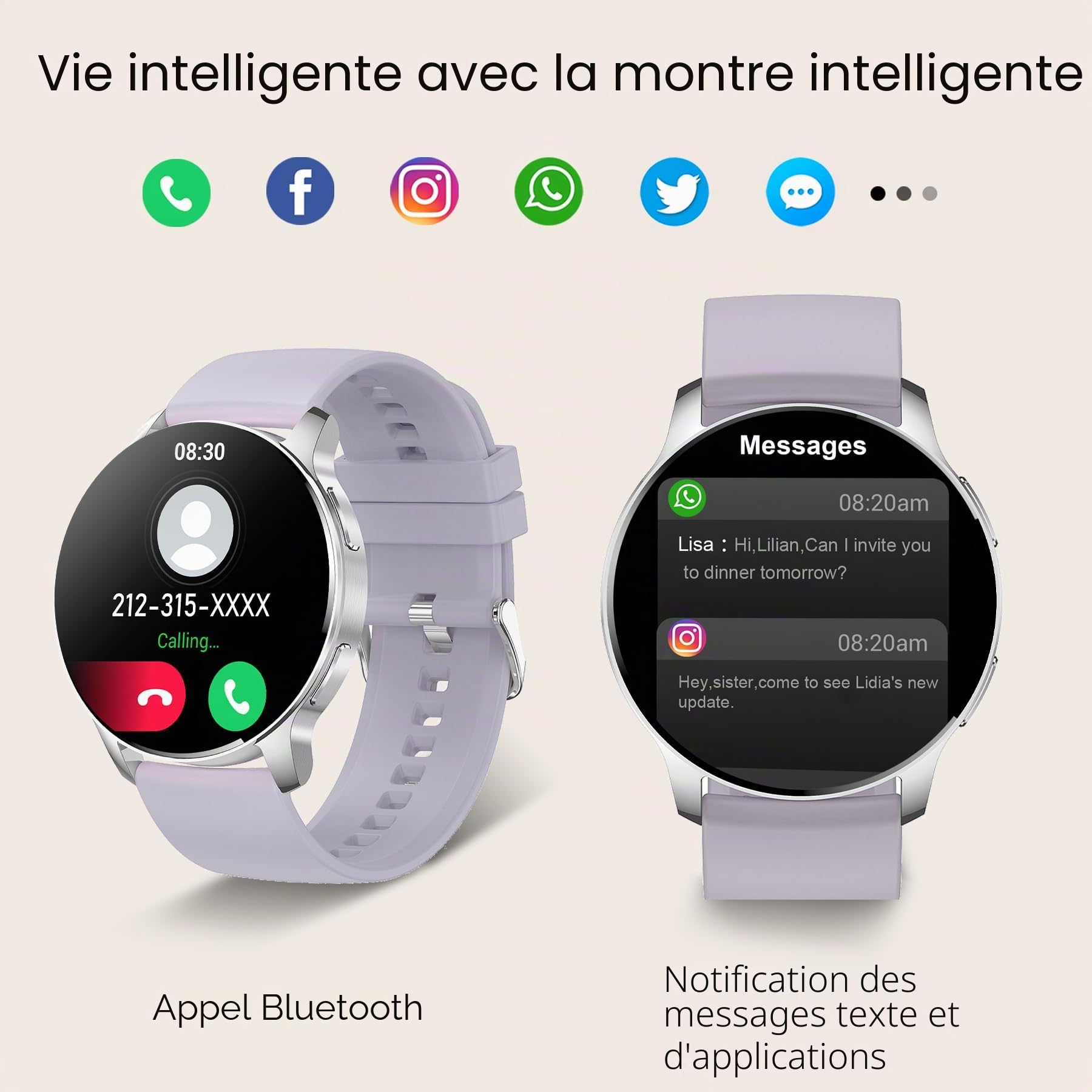 Montre intelligente pour homme et femme avec appels et réponse, notifications de message, 1,32" Montre de fitness numérique, 20 sport SpO2 sommeil cardiofréquencemètre, Android iOS Smart