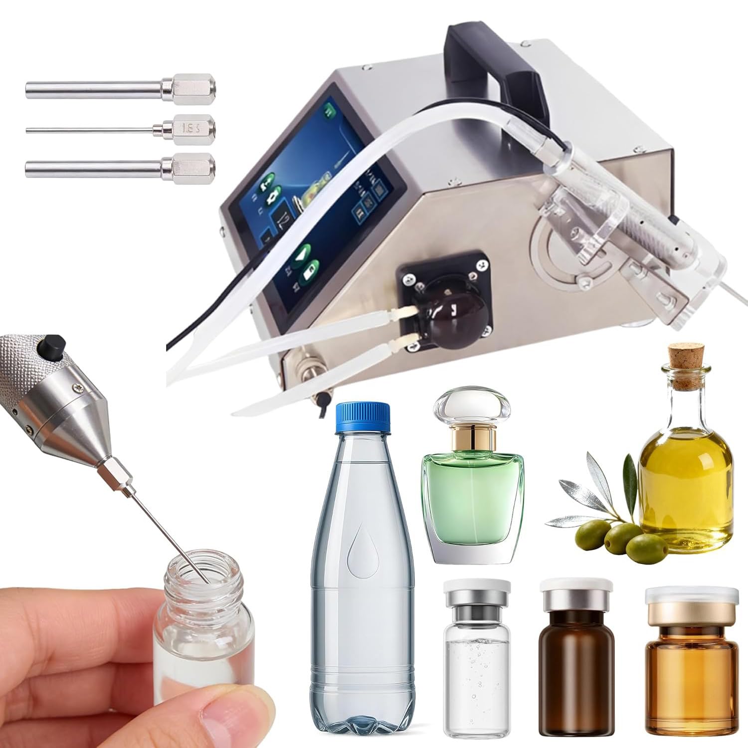 Automatyczna maszyna do napełniania płynów, napełniacz do butelek 1-100 ml z cyfrowym panelem dotykowym, maksymalne natężenie przepływu 500 ml/min, idealna do olejków eterycznych, kropli do oczu