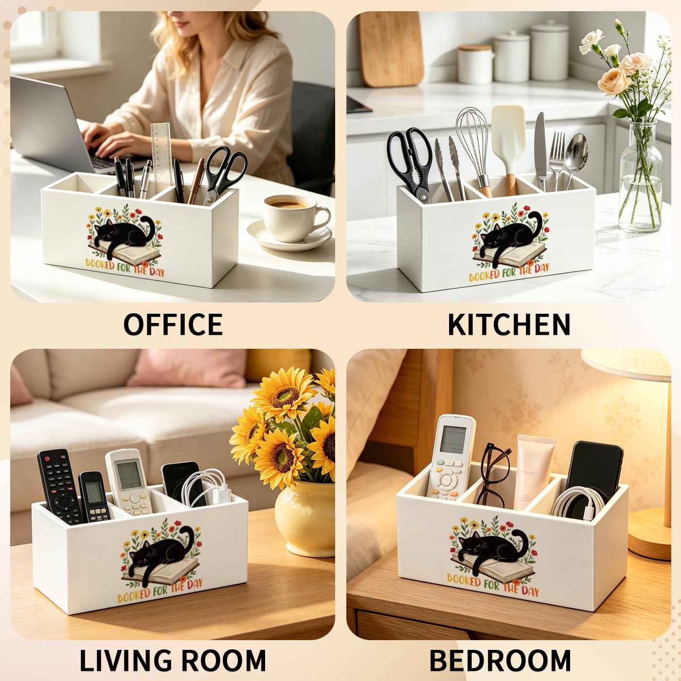 MAYJOYDIY Portapenne in legno Gatto Nero 3 scomparti Organizzatore di matite in legno 20 x 9 x 6,5 cm Conservazione per libri fiori pennelli da trucco per ufficio camera da letto dormitorio