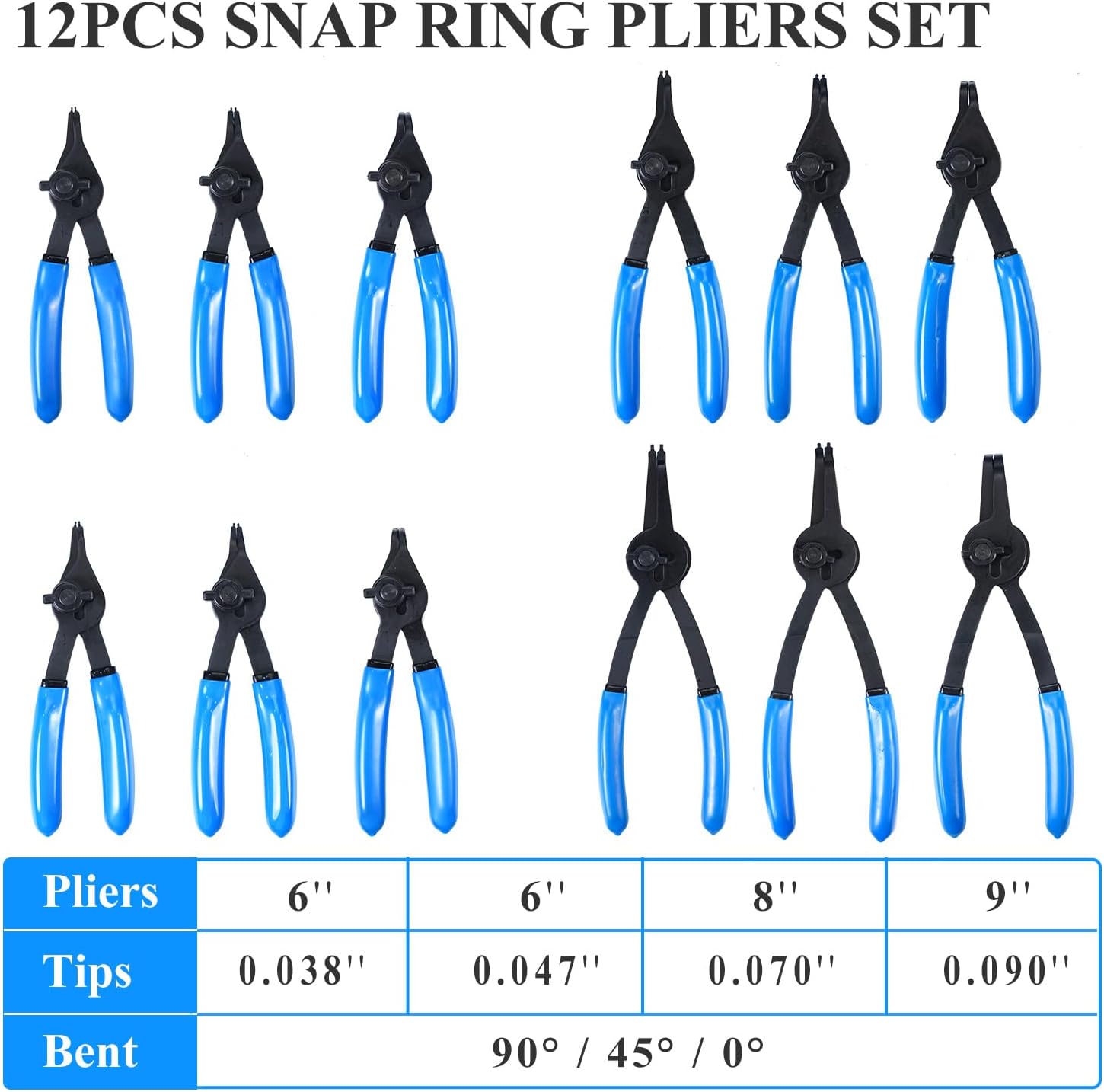 12Pcs Snap Ring Pliers Set, Convertible Internal/External Retaining Ring Pliers Set 0.038in 0.047in 0.070in 0.090in