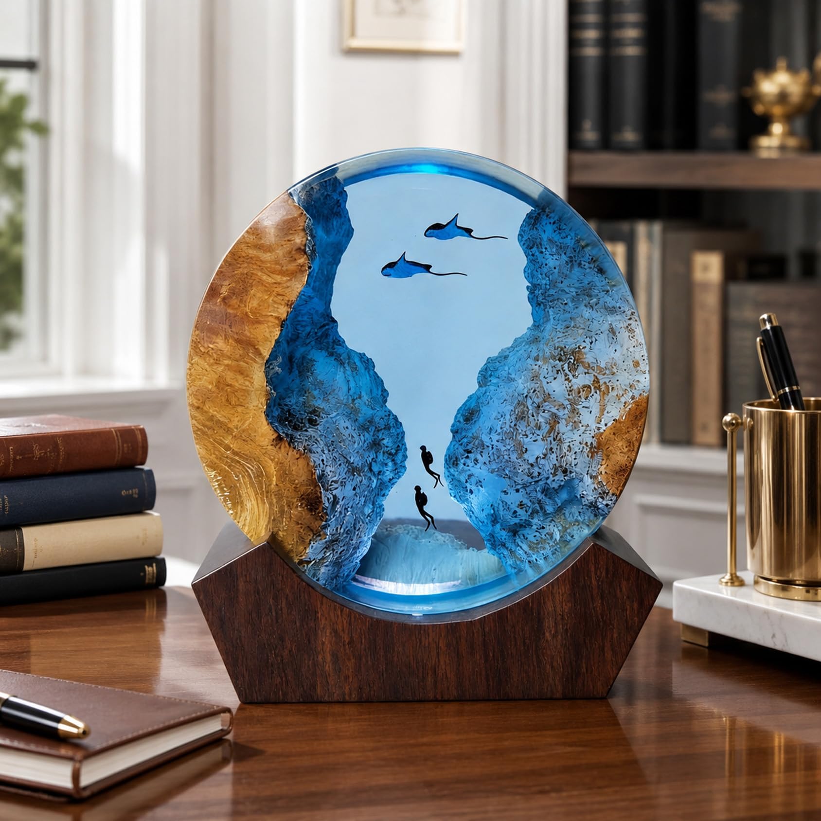 Drawelry 3D Runde Epoxidharz Nachtlicht Ornamente mit Holzsockel Harz Lampe, Kunsthandwerk Weltraum Tiefsee Dschungel Landschaft Tischlampe, Heim Büro Bücherregal Nachttisch Deko (Manta)